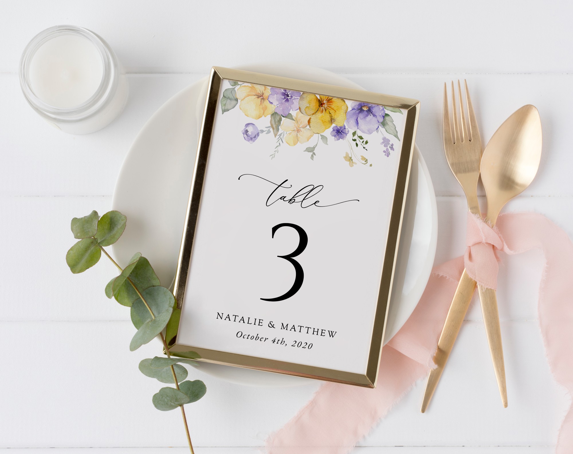 Purple and Yellow Flowers Table Number Sign, Wedding Sign, Printable File, Edit Yourself, SH130
