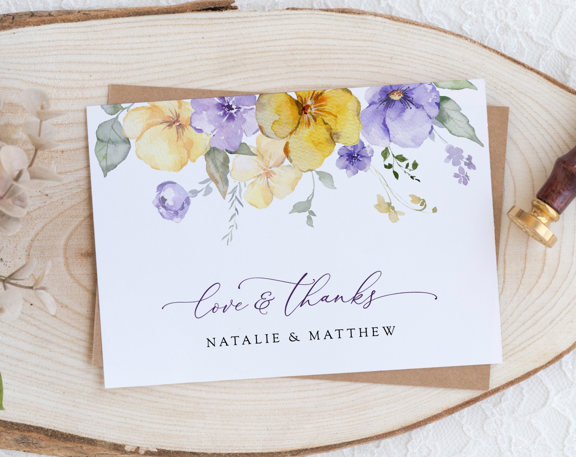 Purple and Yellow Flowers Thank You Card, Wedding Stationery, Printable File, Edit Yourself, SH130