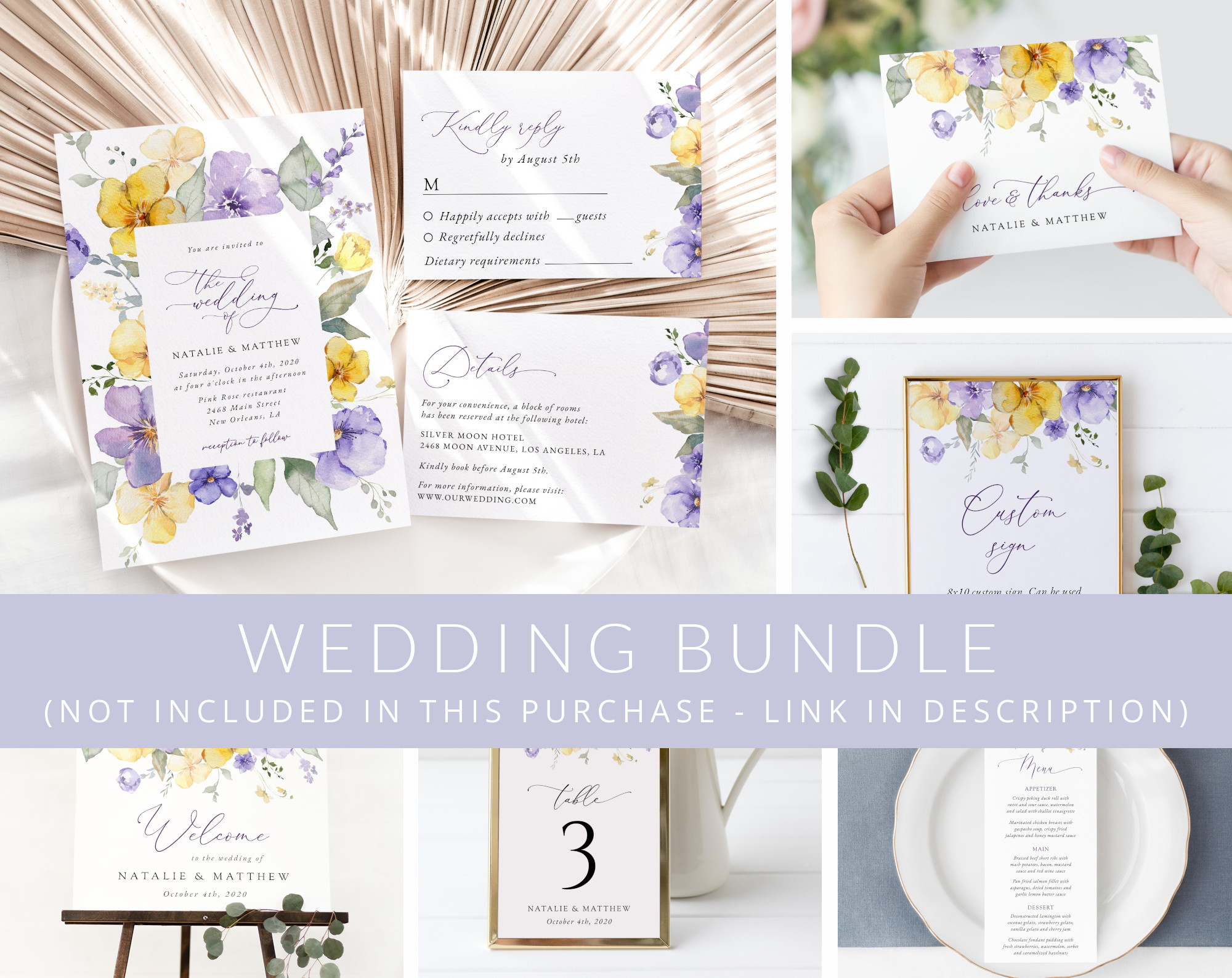Purple and Yellow Flowers Wedding Bundle, Printable File, Edit Yourself, SH130