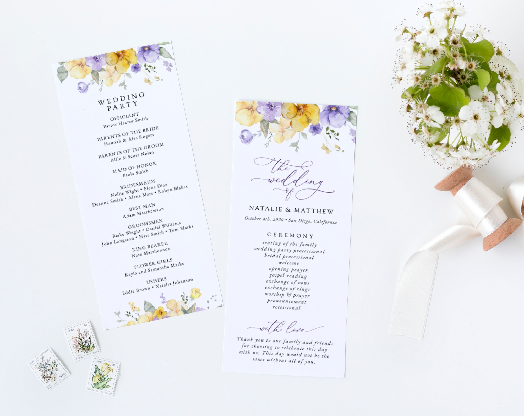 Purple and Yellow Flowers Wedding Program, Wedding Stationery, Printable File, Edit Yourself, SH130