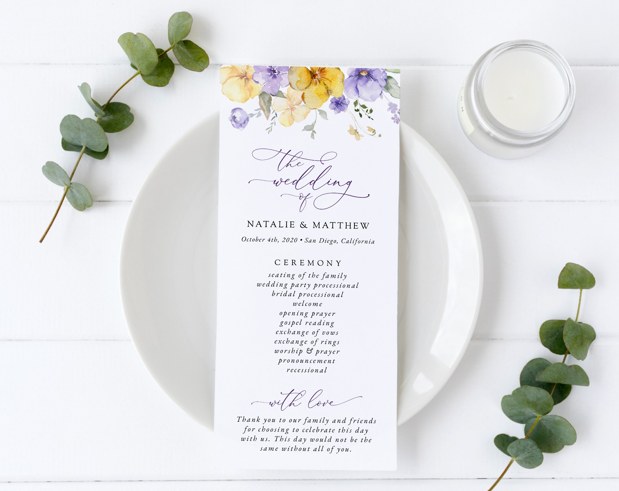 Purple and Yellow Flowers Wedding Program, Wedding Stationery, Printable File, Edit Yourself, SH130