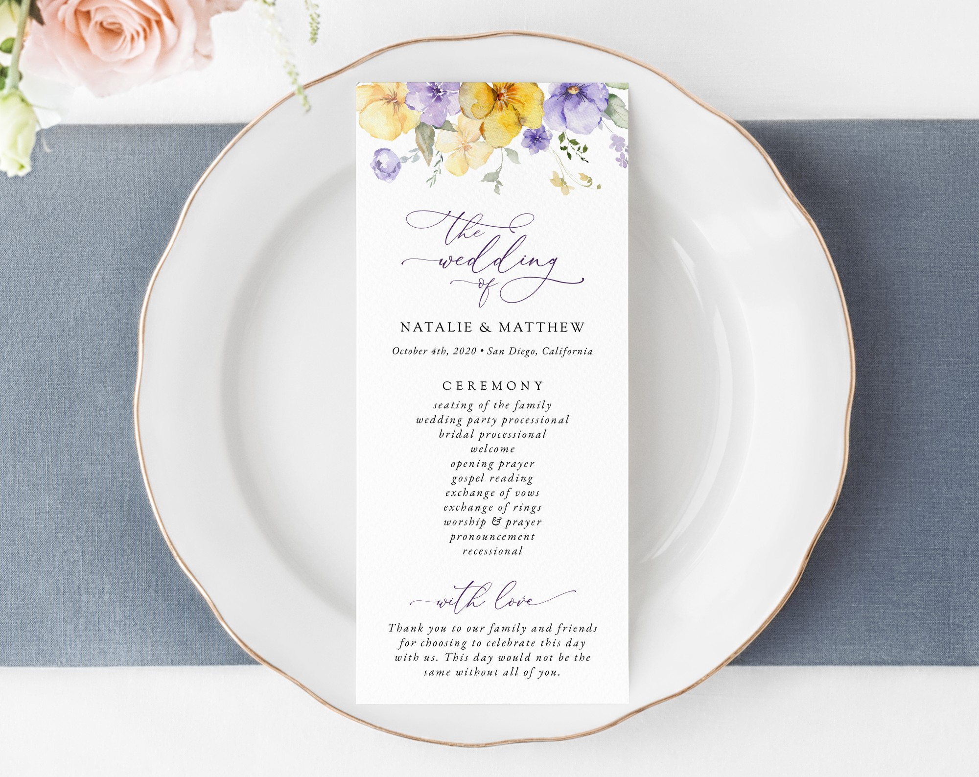 Purple and Yellow Flowers Wedding Program, Wedding Stationery, Printable File, Edit Yourself, SH130