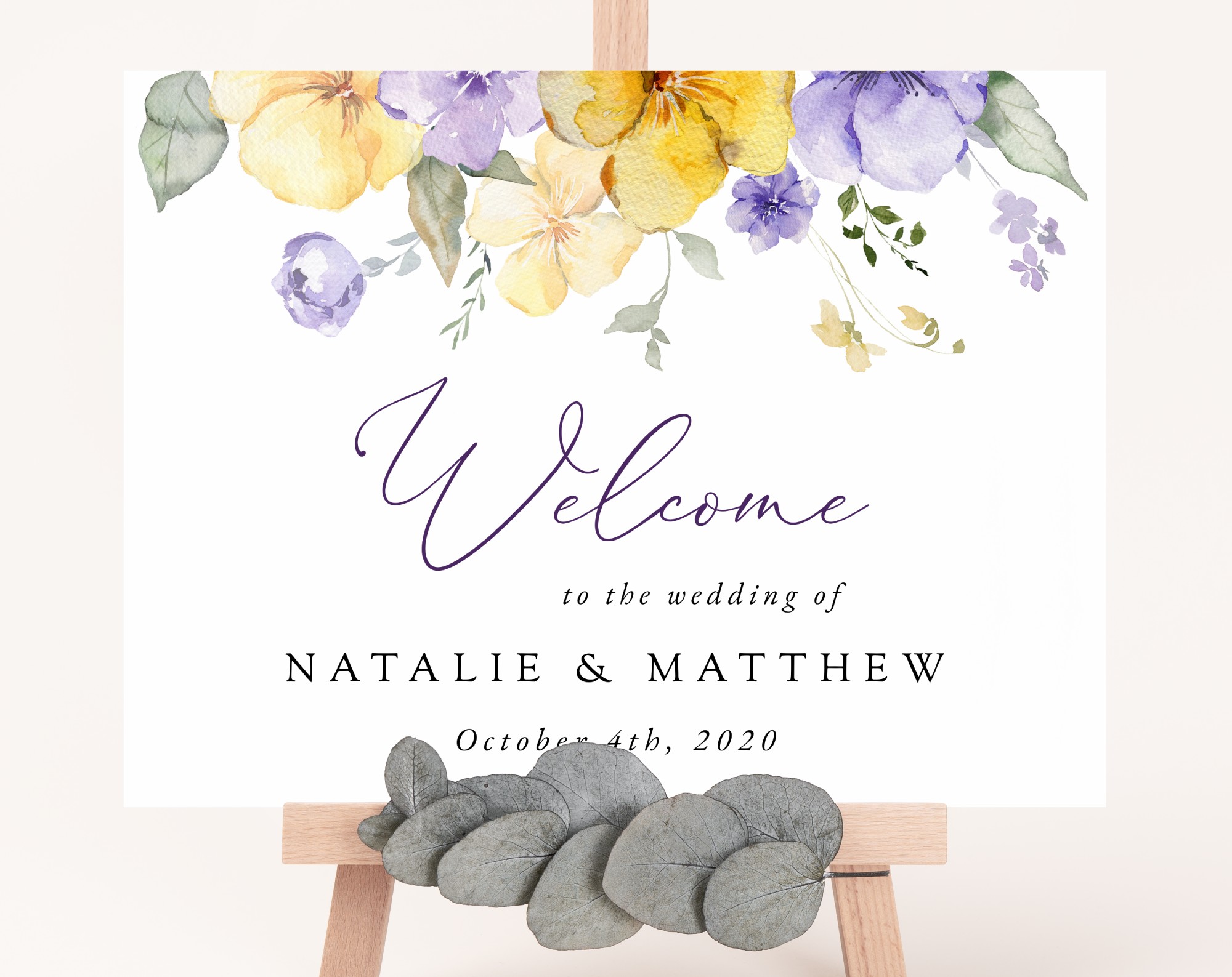 Purple and Yellow Flowers Welcome Sign, Wedding Sign, Printable File, Edit Yourself, SH130