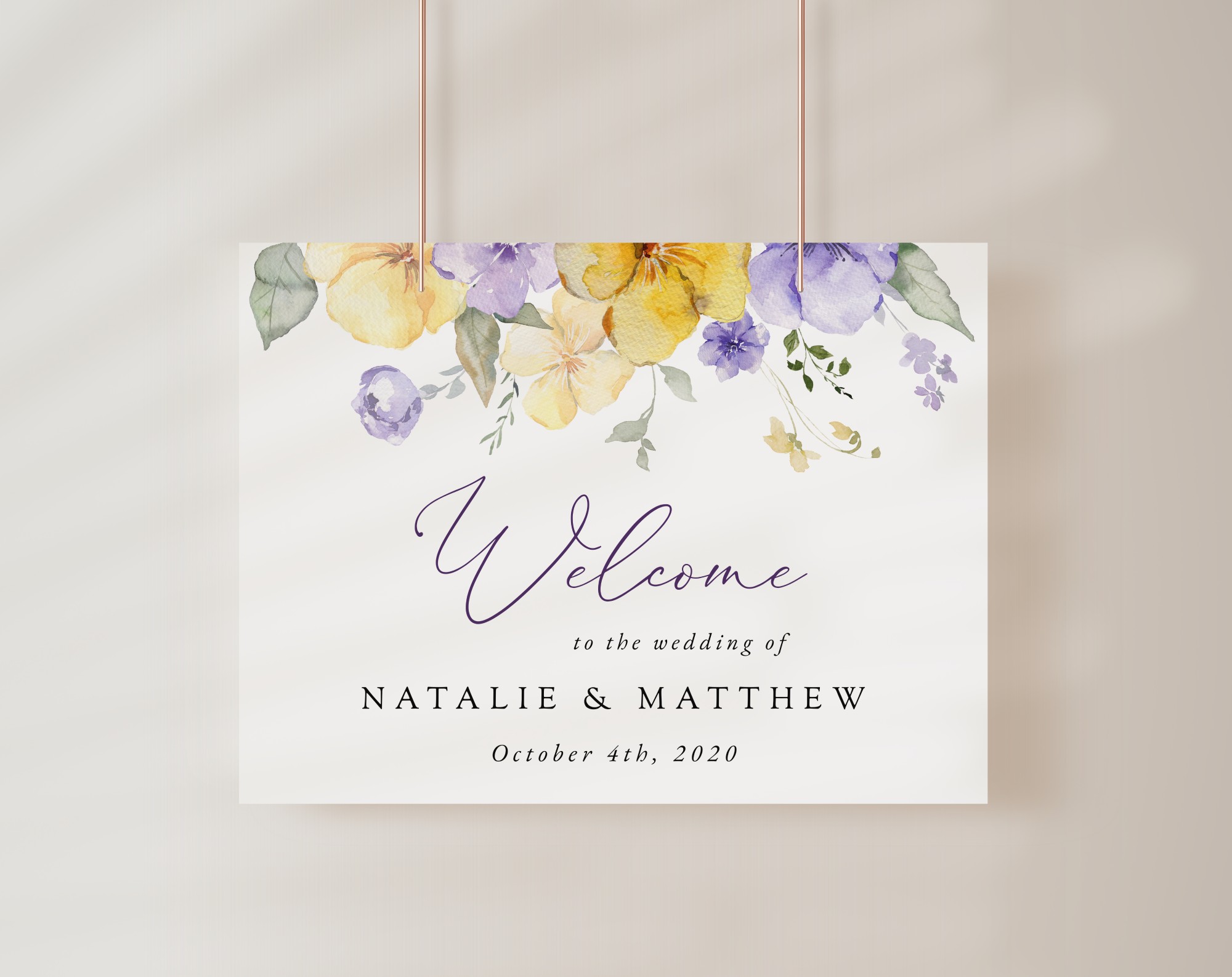 Purple and Yellow Flowers Welcome Sign, Wedding Sign, Printable File, Edit Yourself, SH130