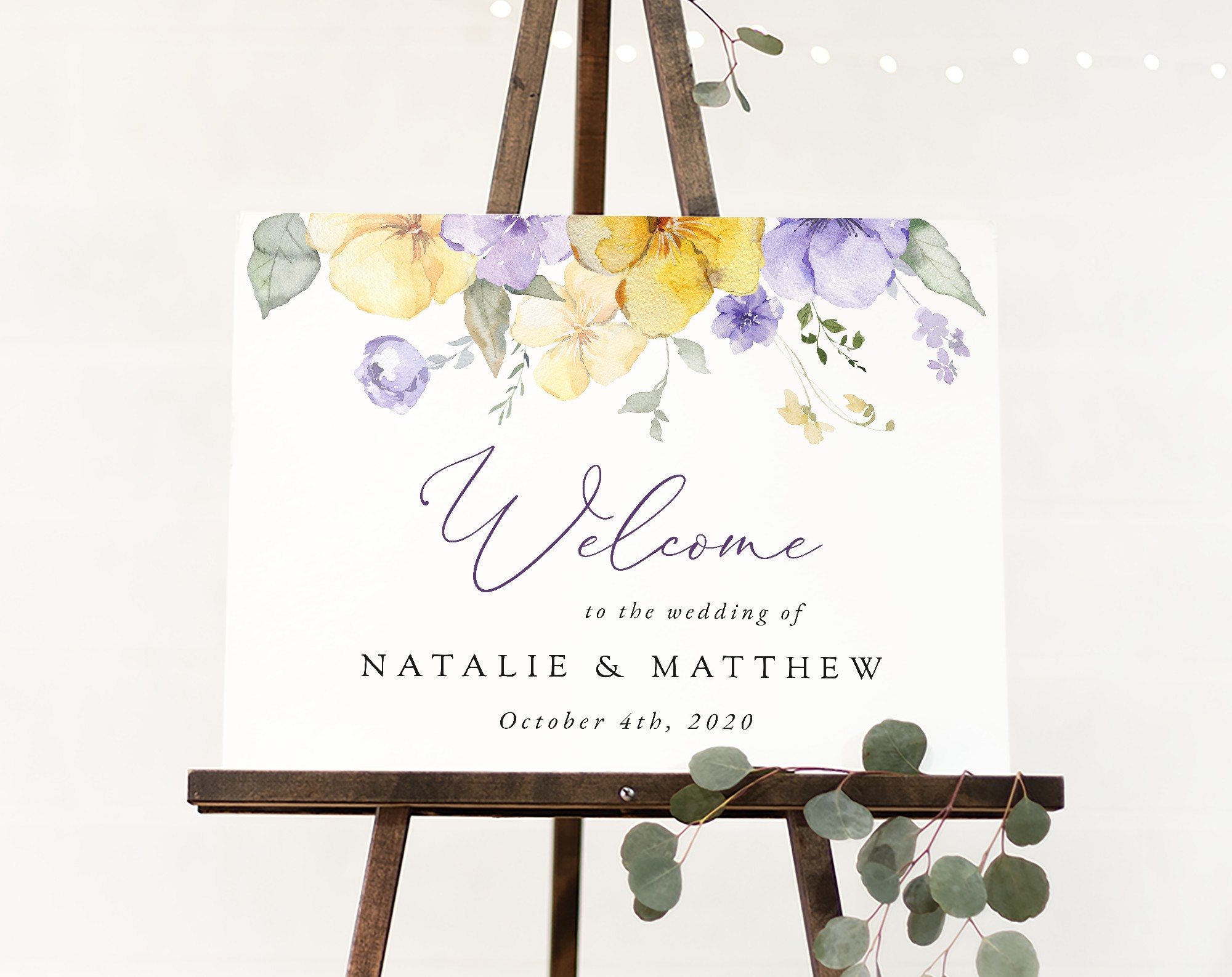Purple and Yellow Flowers Welcome Sign, Wedding Sign, Printable File, Edit Yourself, SH130