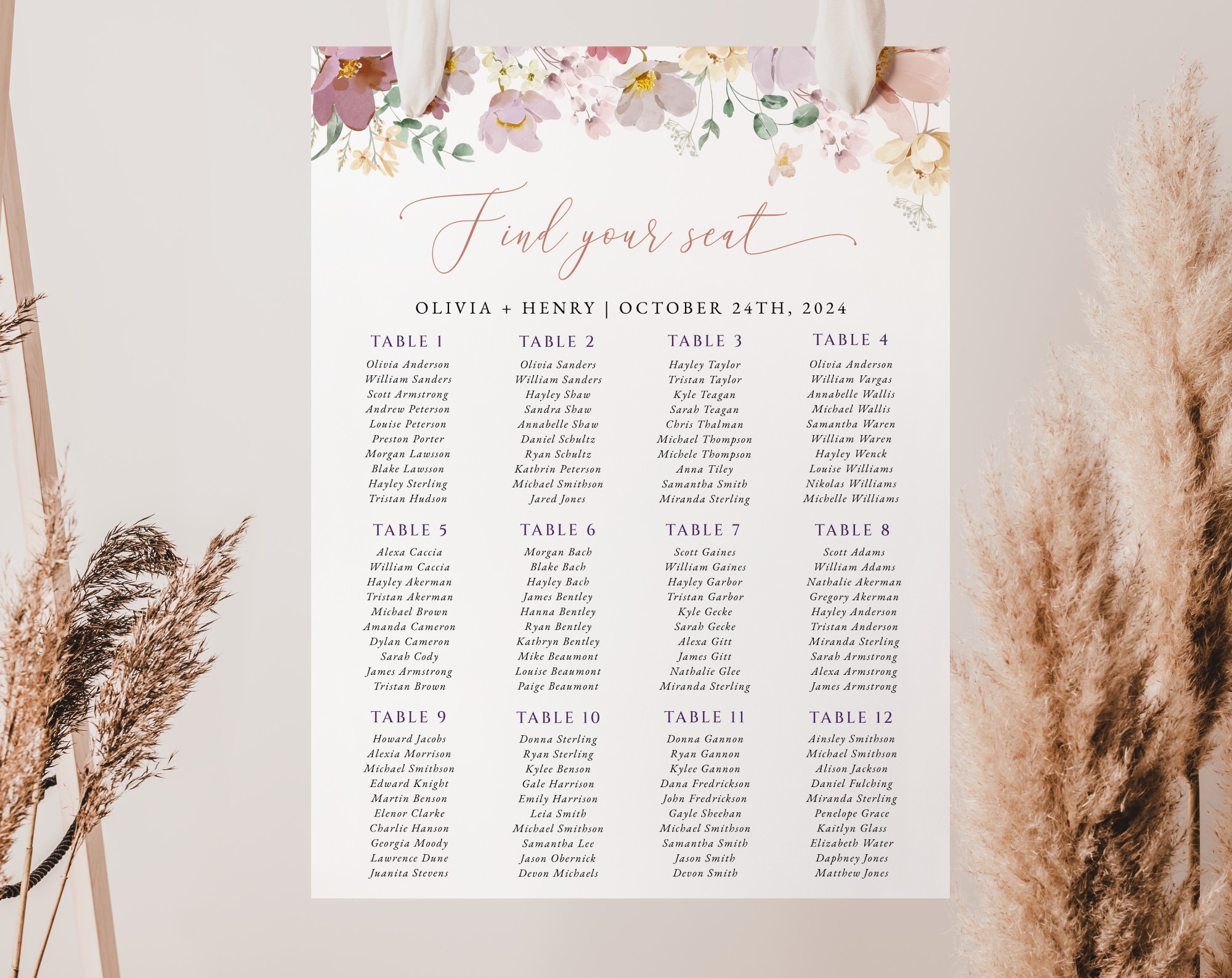 Colorful Flowers Seating Chart, Wedding Sign, Printable File, Edit Yourself, SH131
