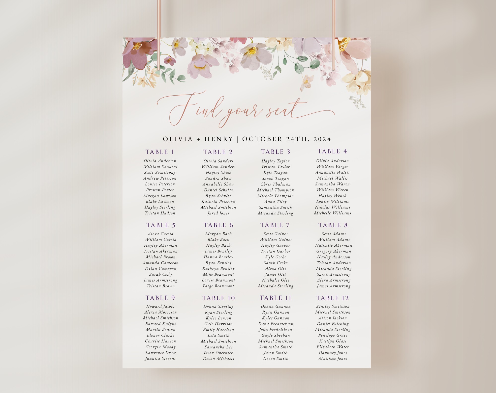 Colorful Flowers Seating Chart, Wedding Sign, Printable File, Edit Yourself, SH131