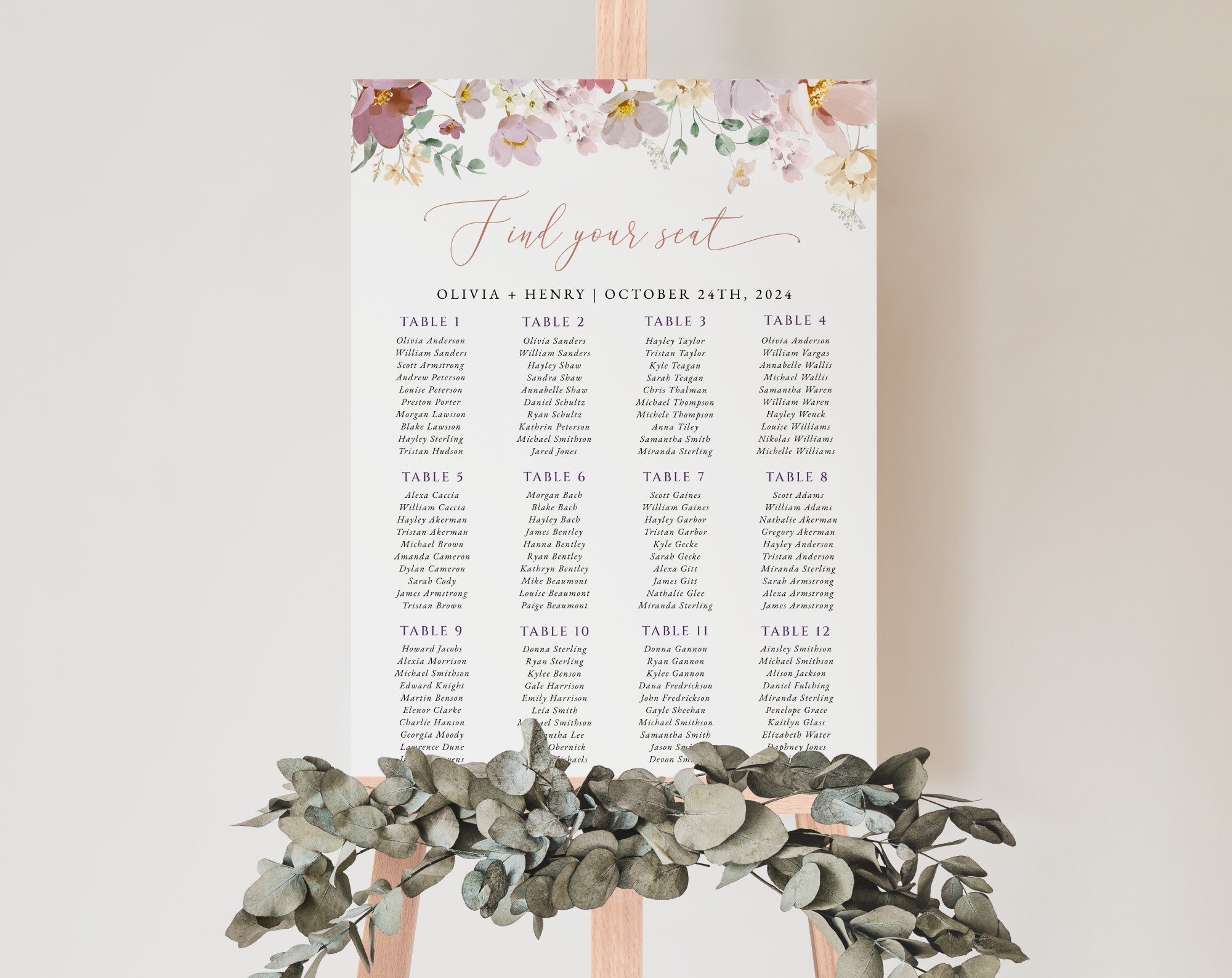 Colorful Flowers Seating Chart, Wedding Sign, Printable File, Edit Yourself, SH131