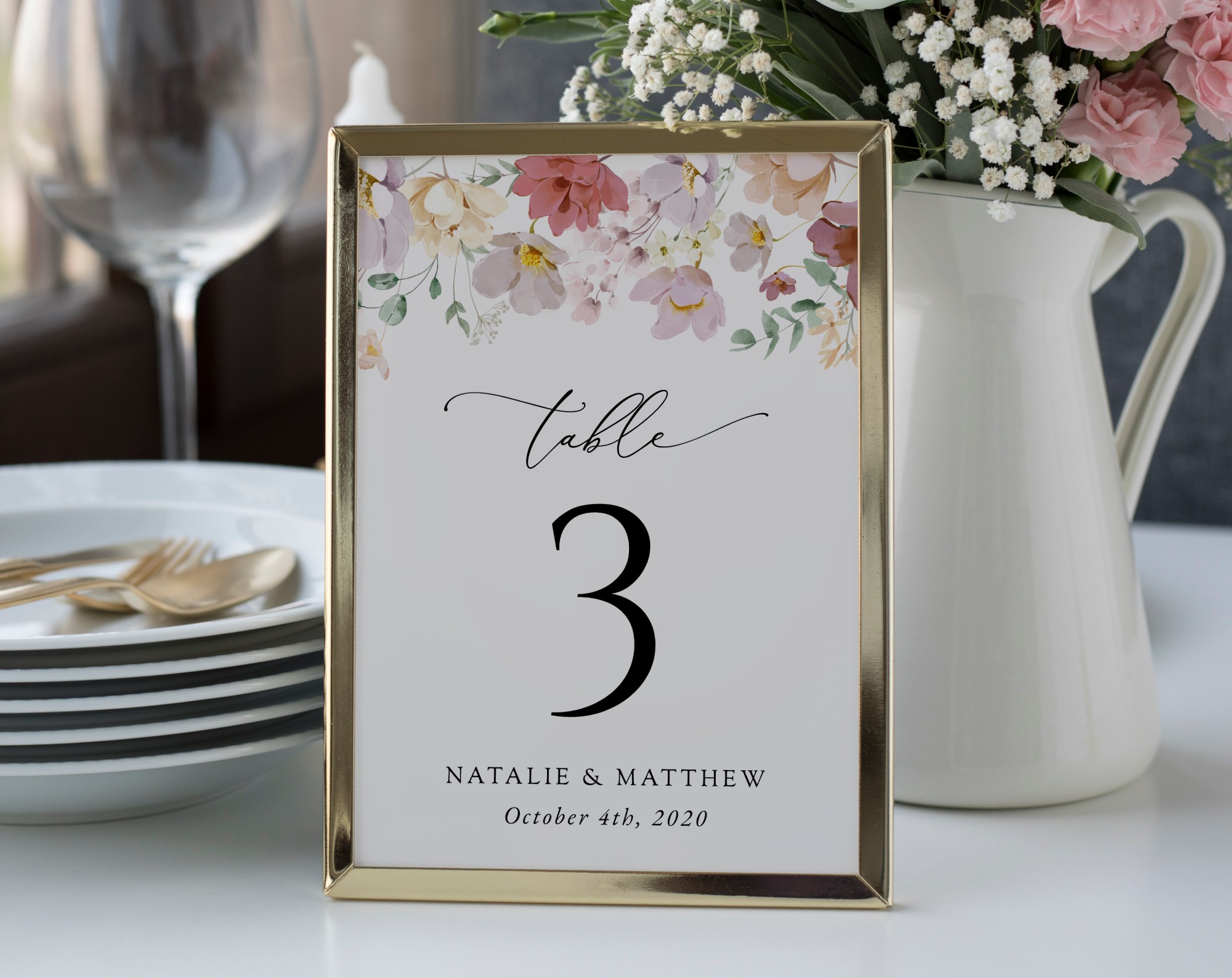 Colorful Flowers Table Number Sign, Wedding Sign, Printable File, Edit Yourself, SH131