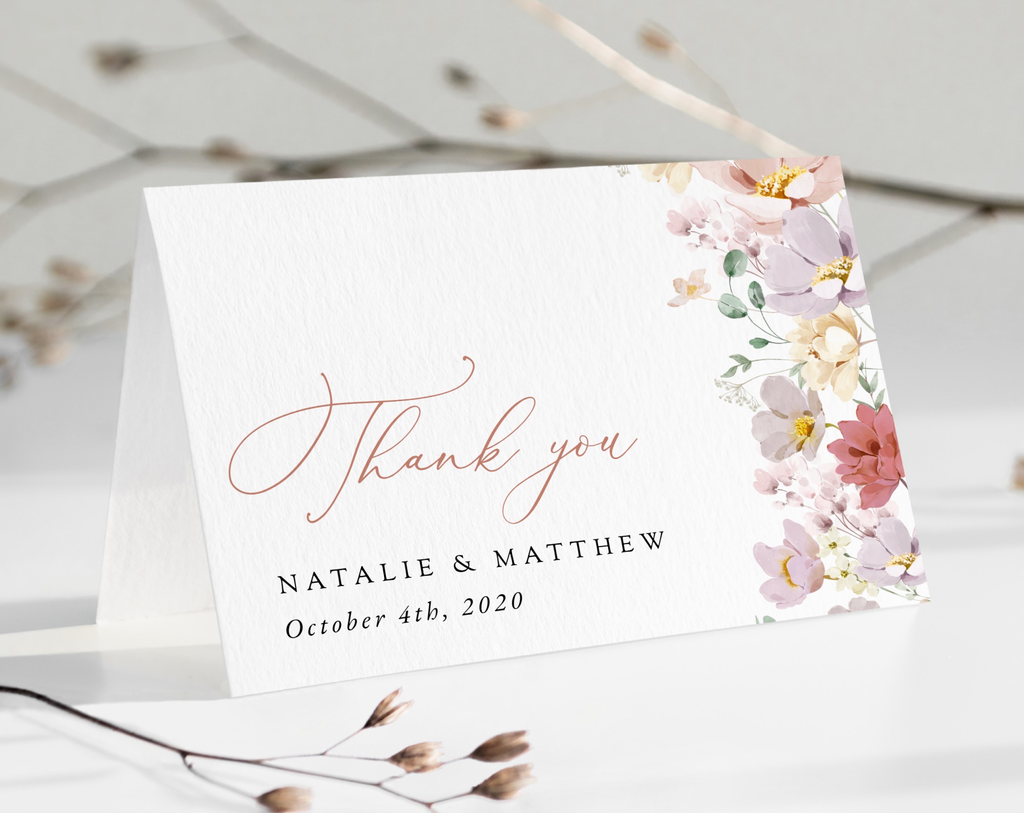 Colorful Flowers Thank You Card, Wedding Stationery, Printable File, Edit Yourself, SH131
