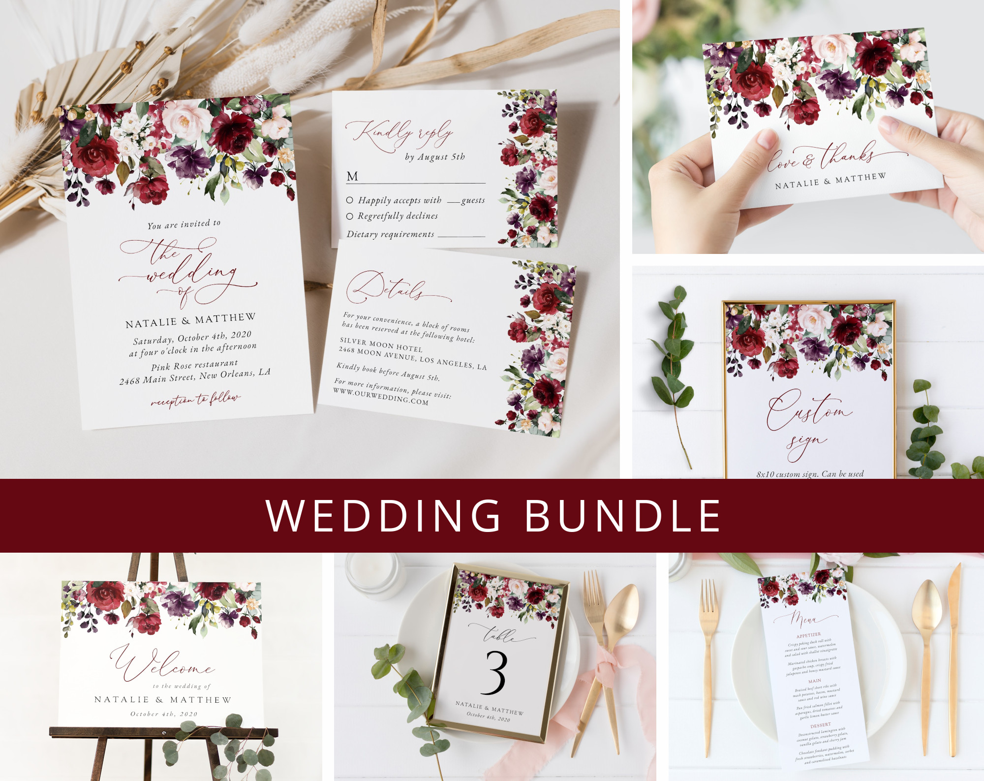 Burgundy, Purple and Blush Flowers Wedding Bundle, Printable File, Edit Yourself, SH132