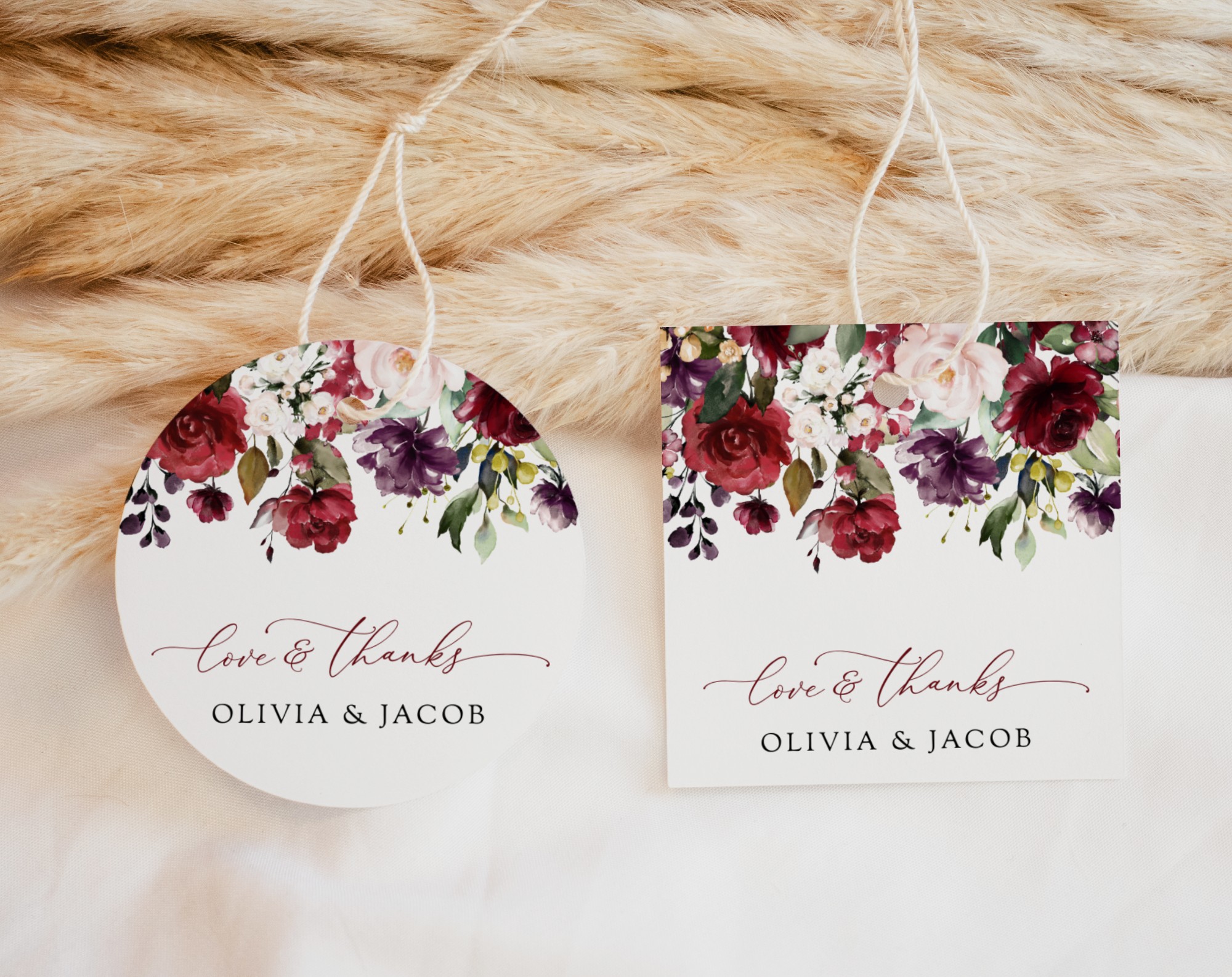 Burgundy, Purple and Blush Flowers Favor Tags, Wedding Gift Tags, Printable File, Edit Yourself, SH132