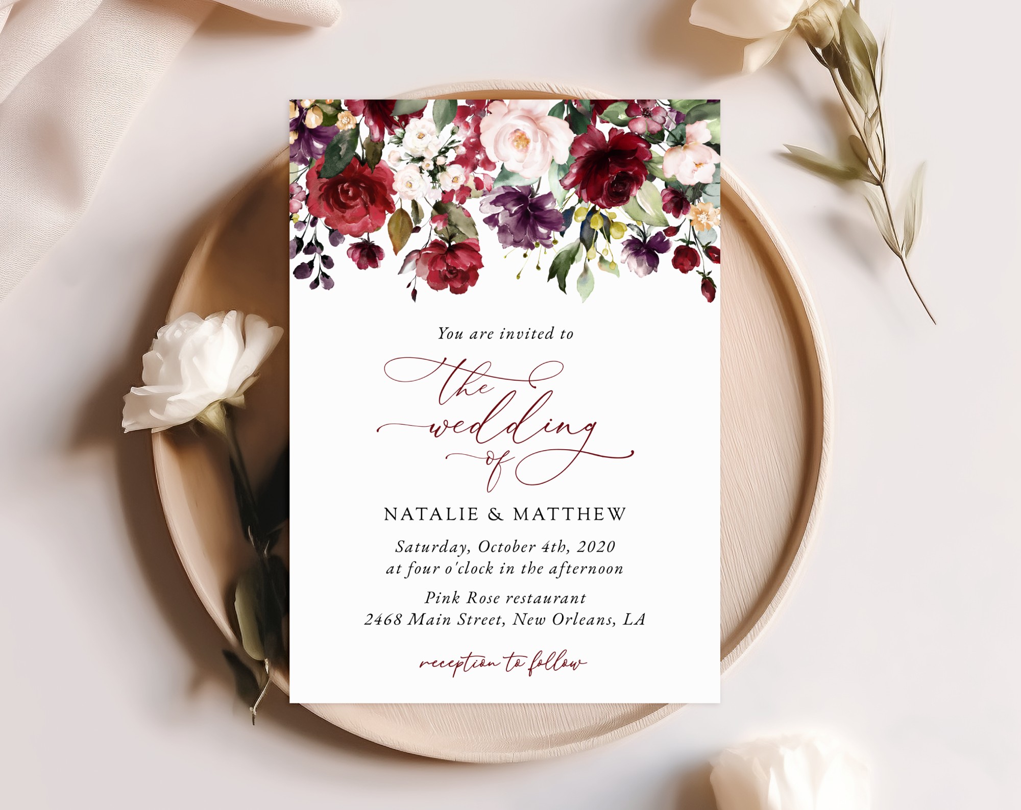 Burgundy, Purple and Blush Flowers Wedding Invitation, Wedding Stationery, Printable File, Edit Yourself, SH132