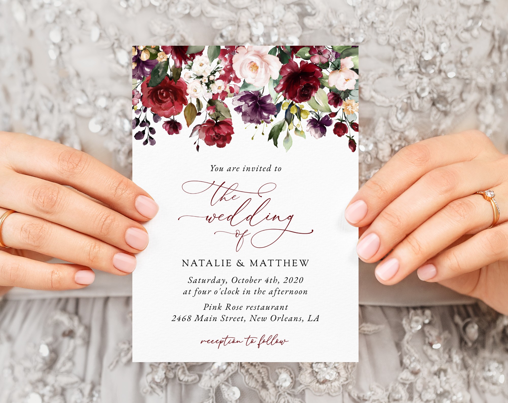 Burgundy, Purple and Blush Flowers Wedding Invitation, Wedding Stationery, Printable File, Edit Yourself, SH132