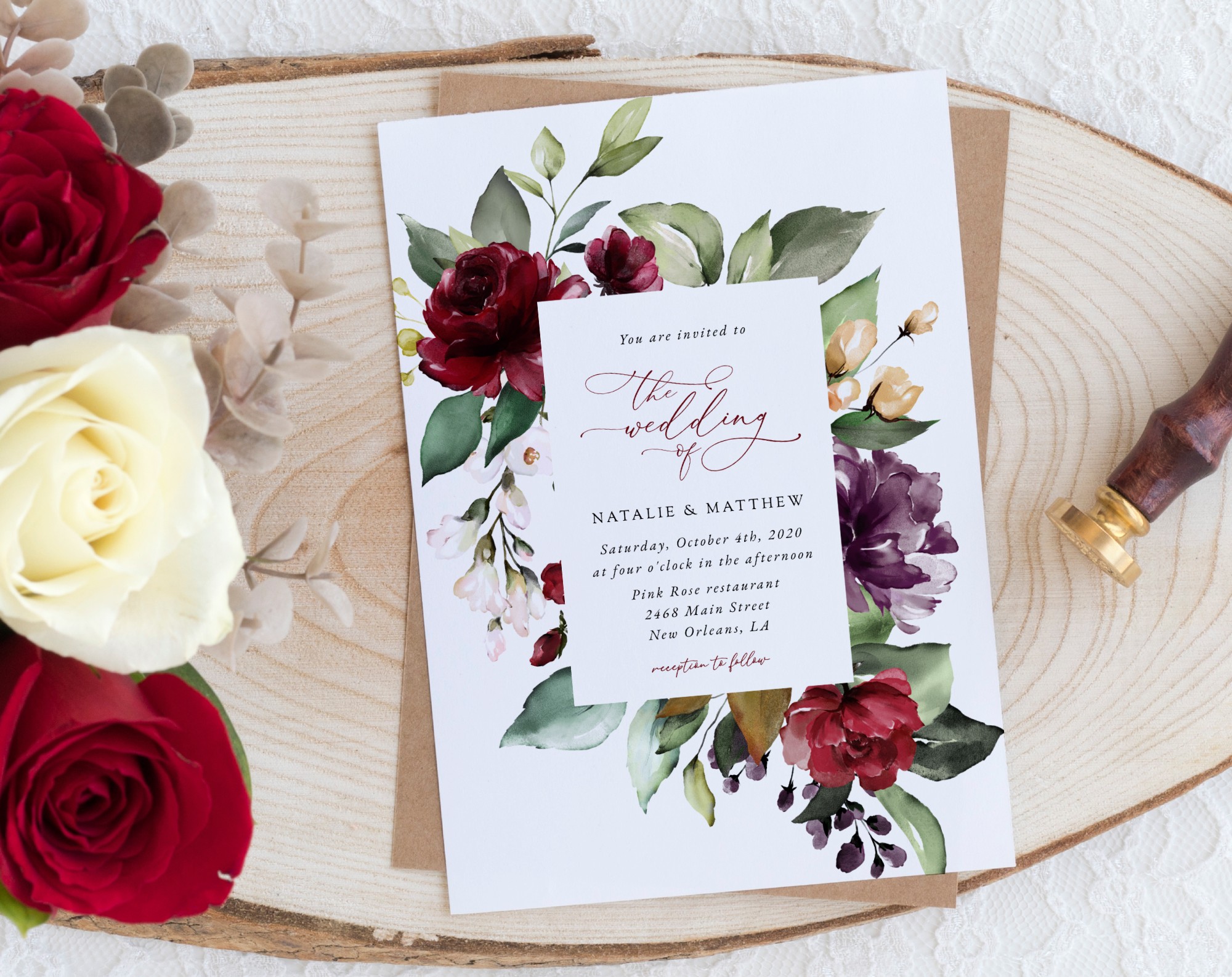 Burgundy, Purple and Blush Flowers Wedding Invite, Wedding Stationery, Printable File, Edit Yourself, SH132