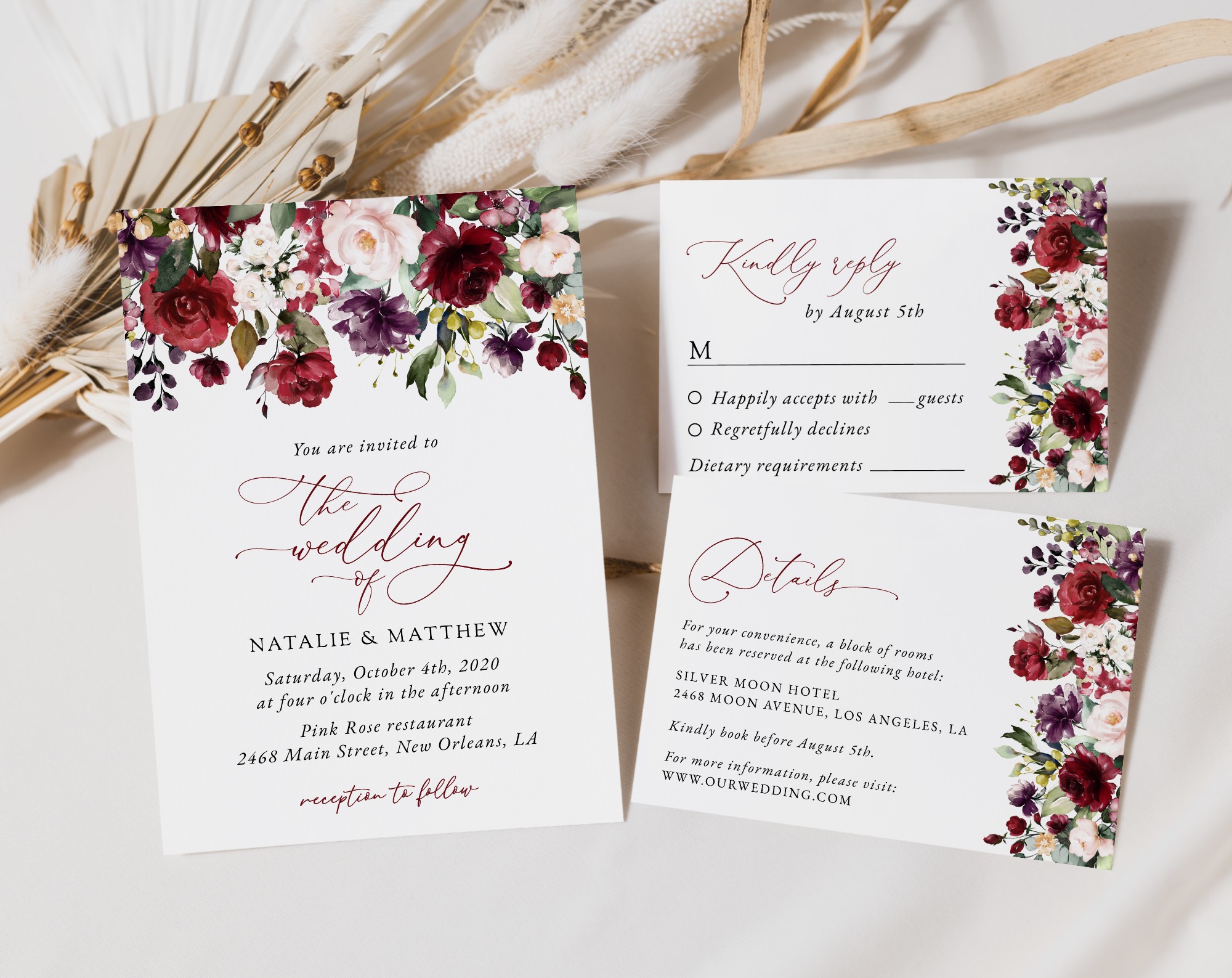 Burgundy, Purple and Blush Flowers Wedding Invitation Suite, Wedding Stationery, Printable File, Edit Yourself, SH132