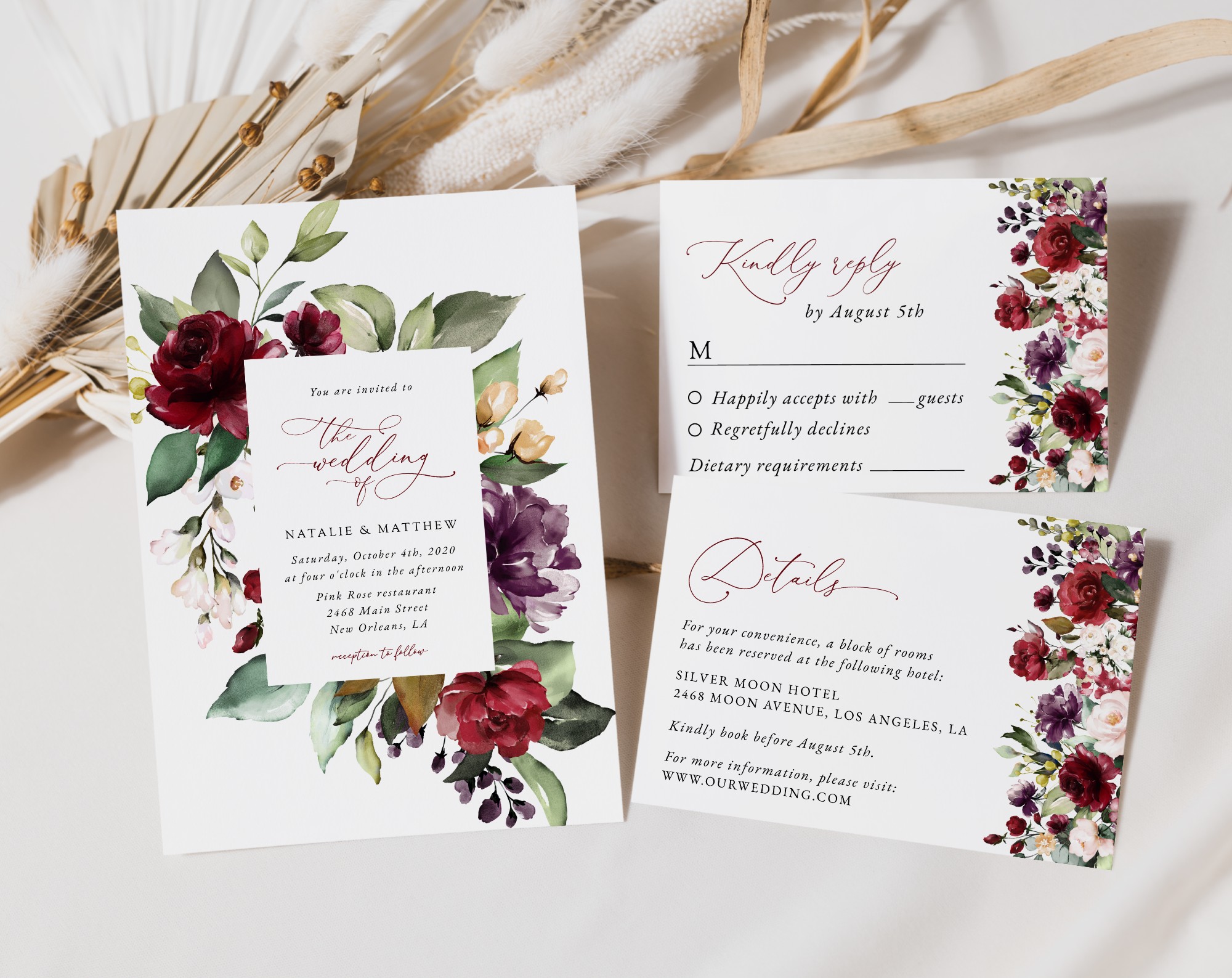 Burgundy, Purple and Blush Flowers Wedding Invitation Set, Wedding Stationery, Printable File, Edit Yourself, SH132