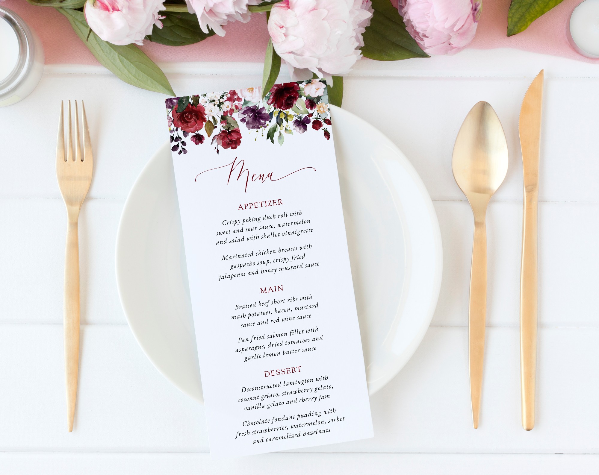 Burgundy, Purple and Blush Flowers Wedding Menu, Wedding Stationery, Printable File, Edit Yourself, SH132