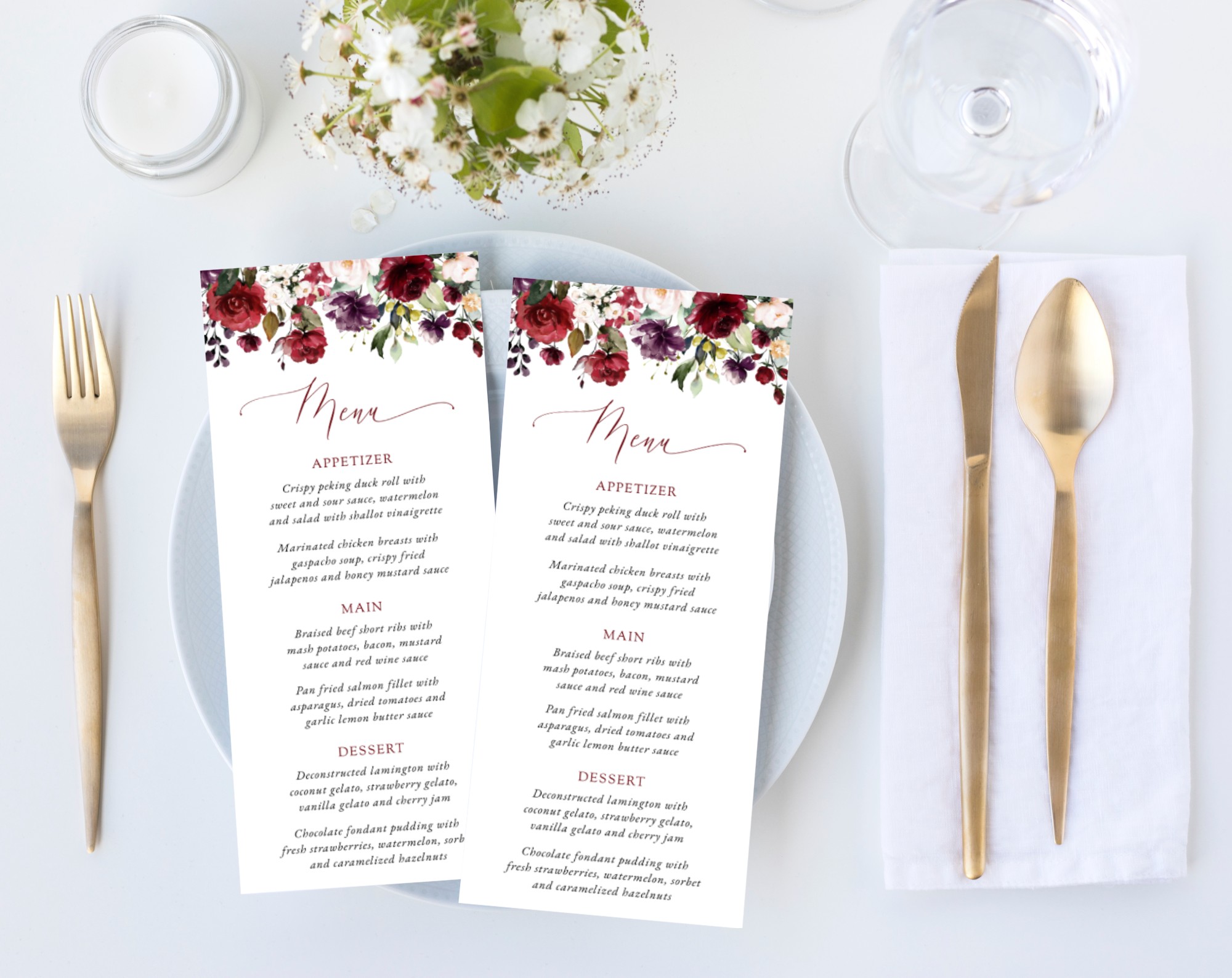 Burgundy, Purple and Blush Flowers Wedding Menu, Wedding Stationery, Printable File, Edit Yourself, SH132
