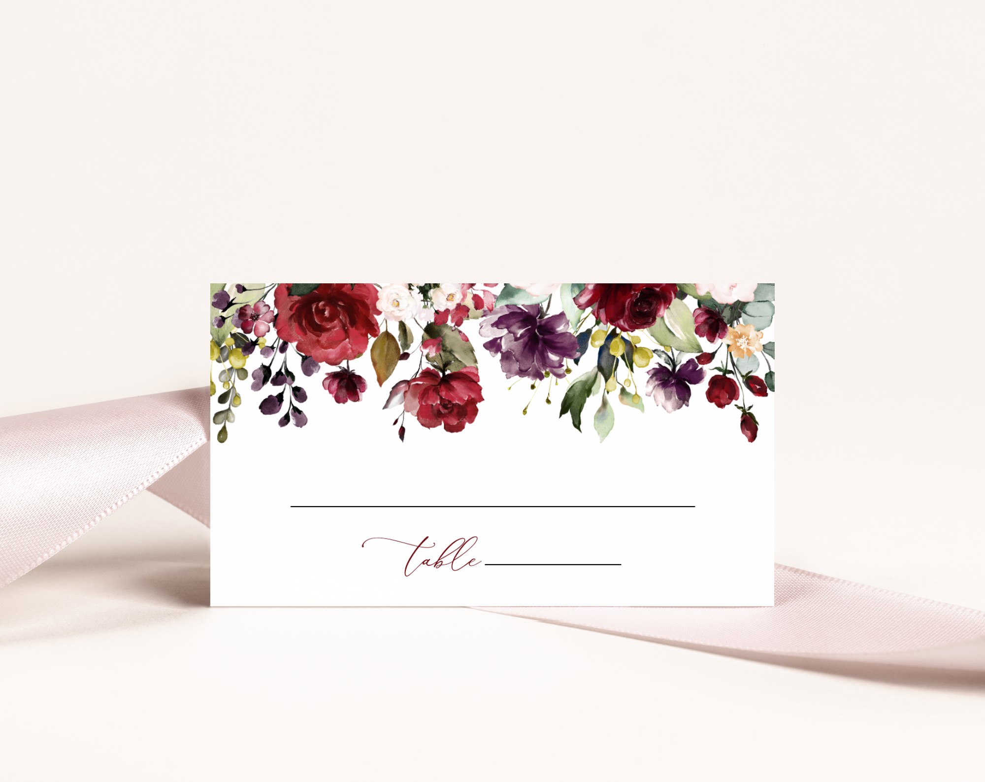 Burgundy, Purple and Blush Flowers Place Card, Wedding Stationery, Printable File, Edit Yourself, SH132