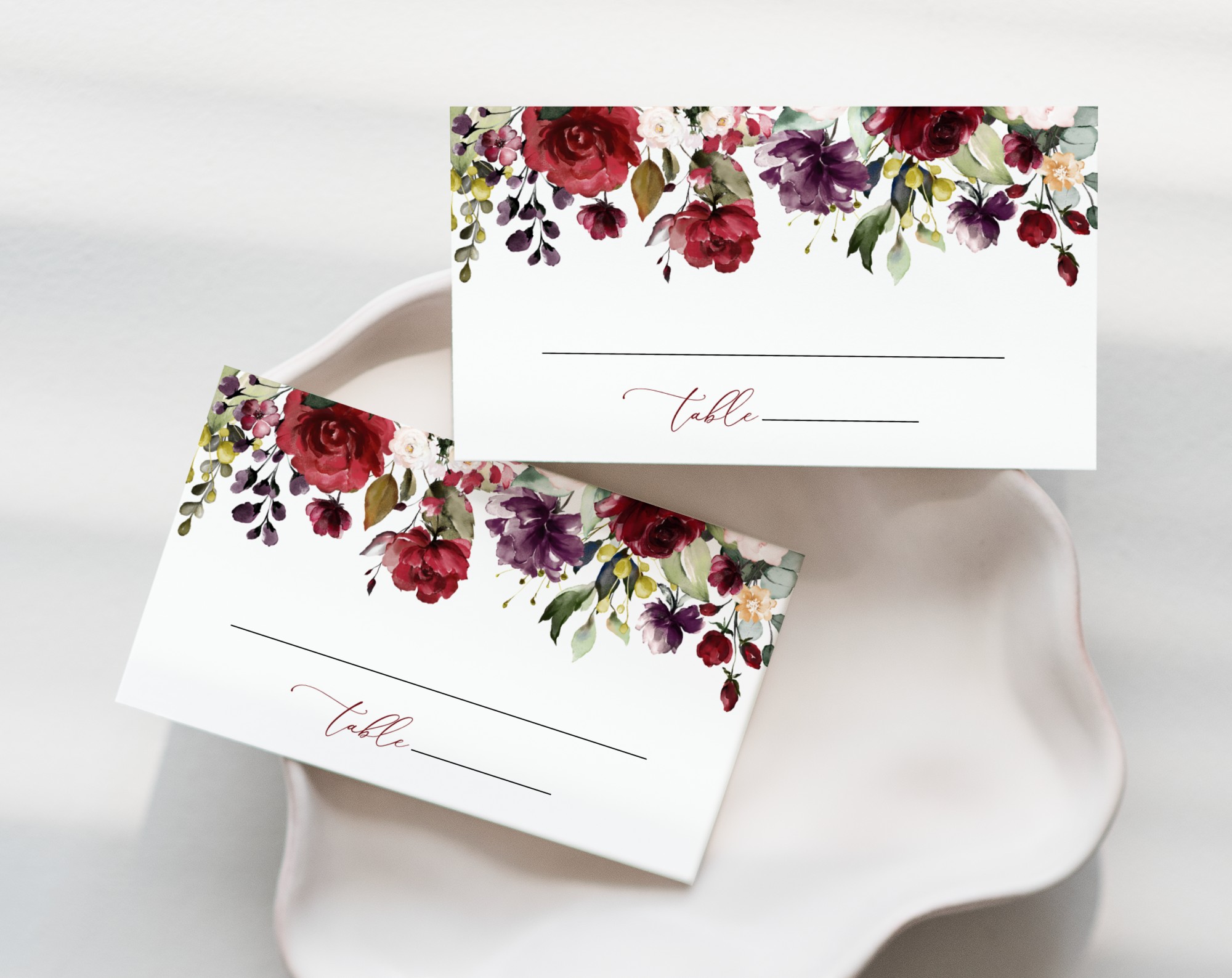 Burgundy, Purple and Blush Flowers Place Card, Wedding Stationery, Printable File, Edit Yourself, SH132