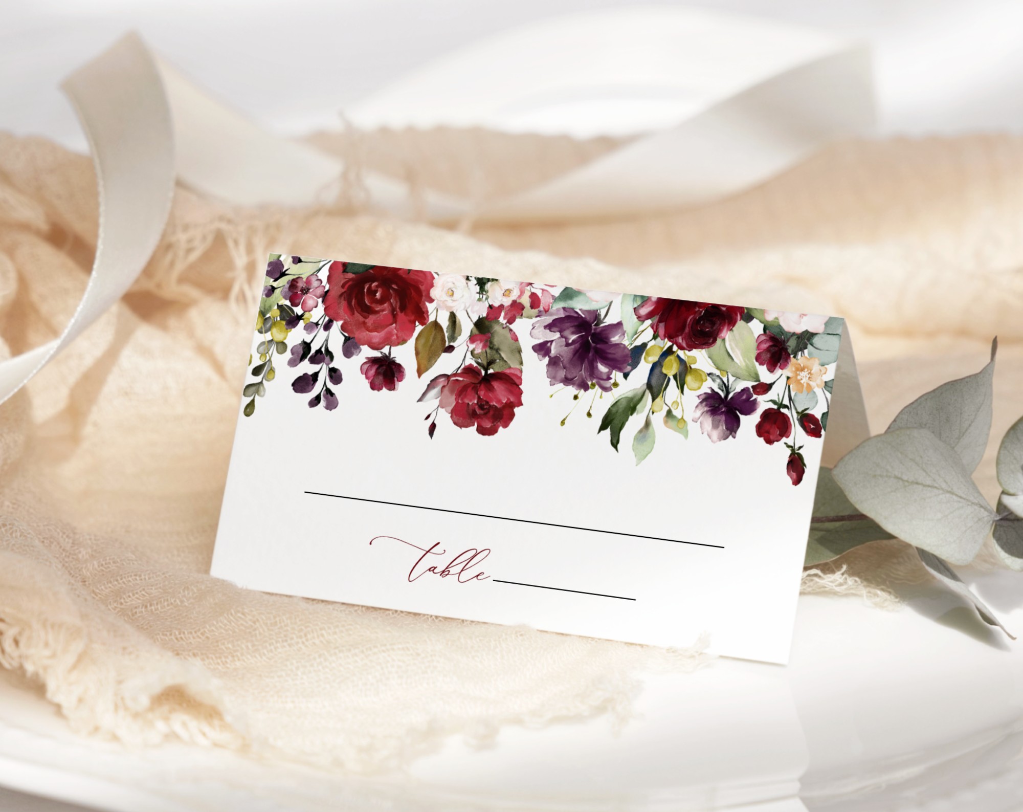 Burgundy, Purple and Blush Flowers Place Card, Wedding Stationery, Printable File, Edit Yourself, SH132