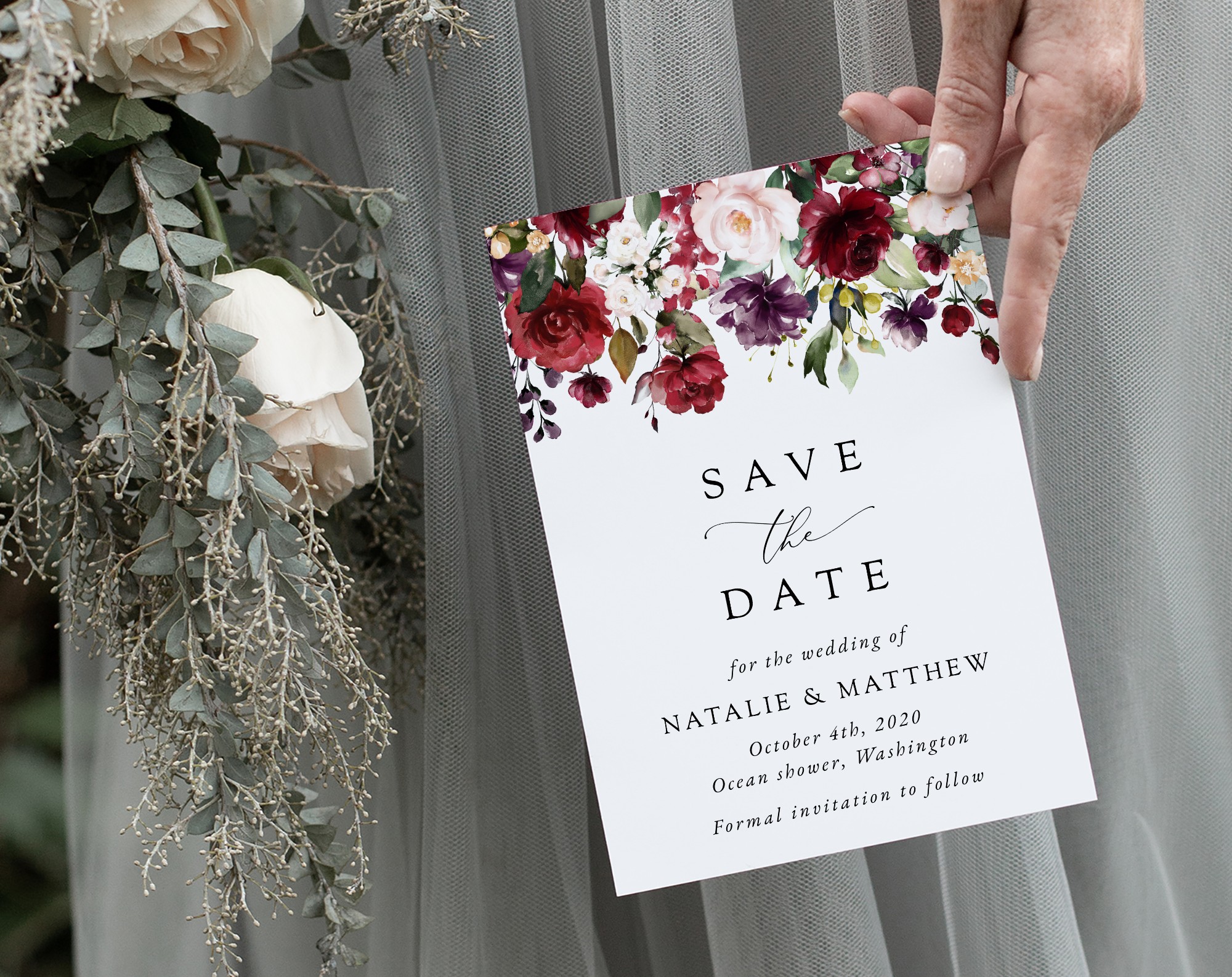 Burgundy, Purple and Blush Flowers Save the Date, Wedding Stationery, Printable File, Edit Yourself, SH132