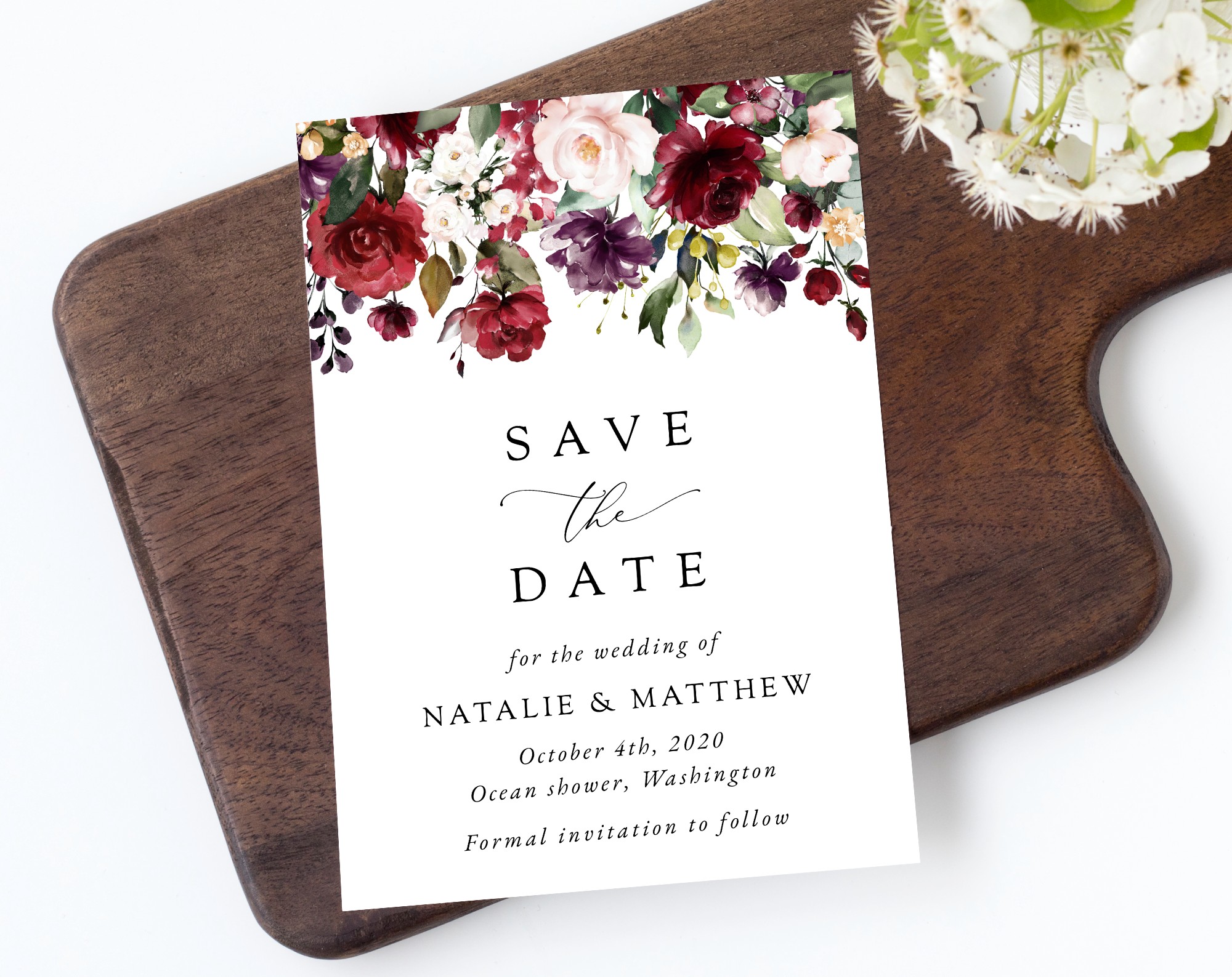 Burgundy, Purple and Blush Flowers Save the Date, Wedding Stationery, Printable File, Edit Yourself, SH132