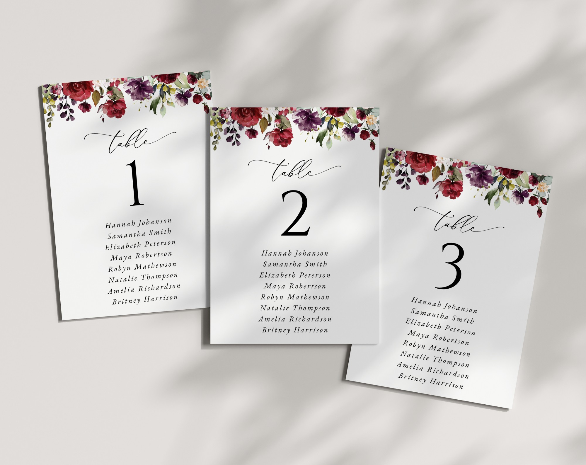 Burgundy, Purple and Blush Flowers Seating Cards, Wedding Stationery, Printable File, Edit Yourself, SH132