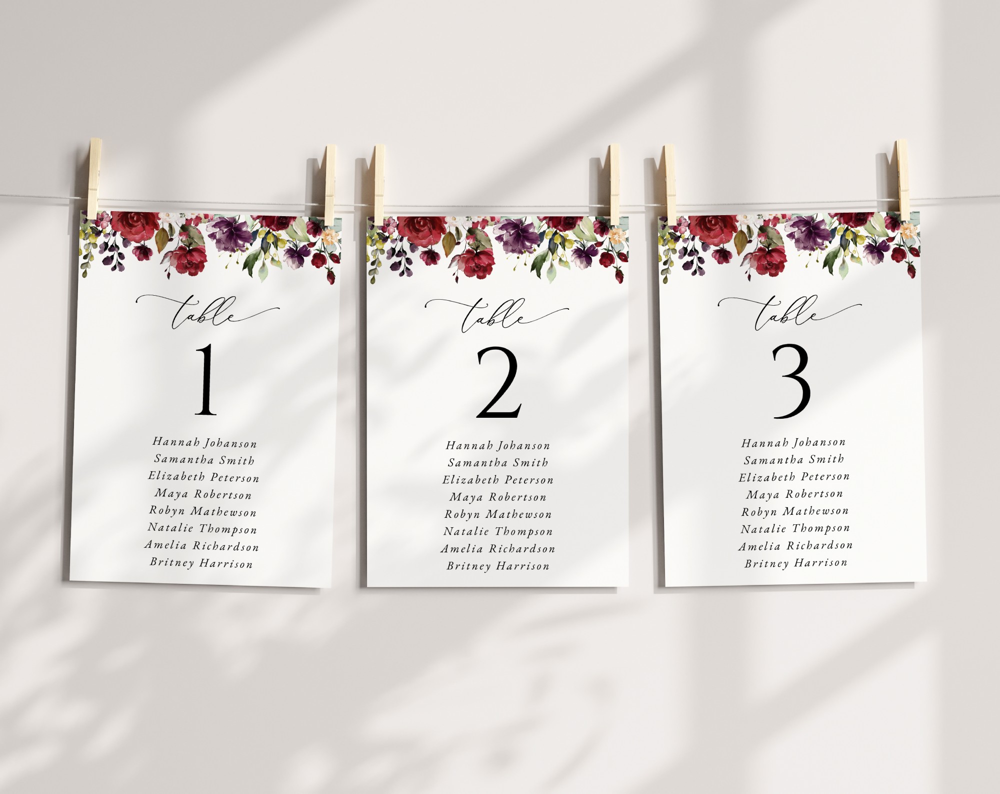 Burgundy, Purple and Blush Flowers Seating Cards, Wedding Stationery, Printable File, Edit Yourself, SH132