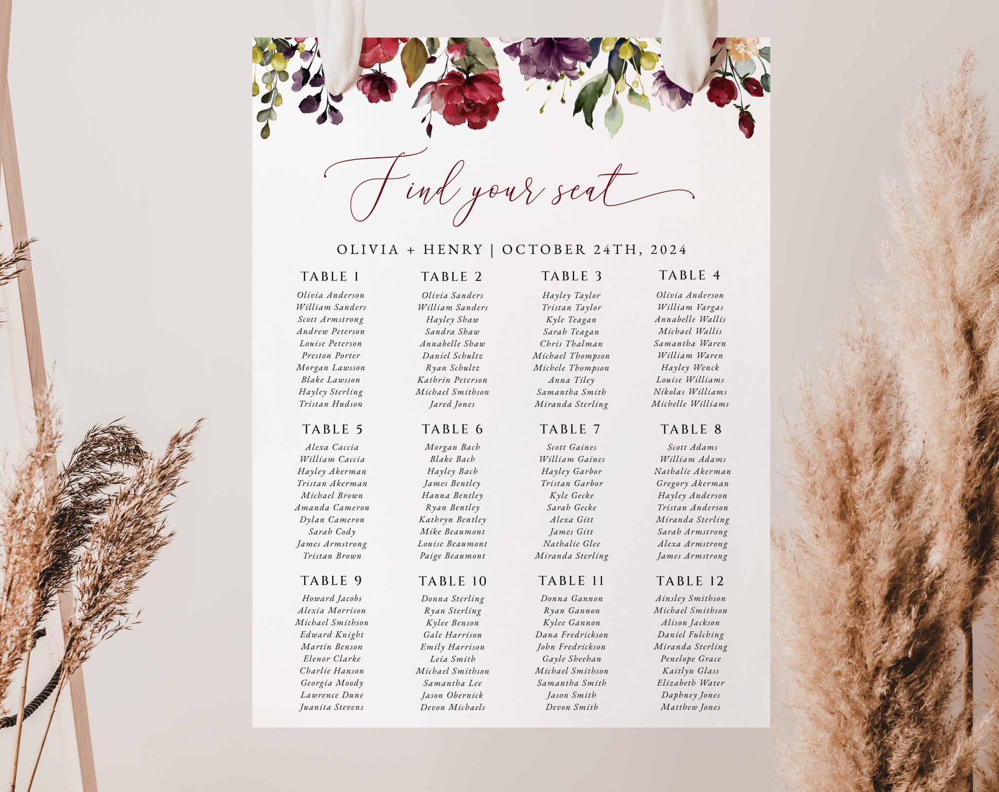 Burgundy, Purple and Blush Flowers Seating Chart, Wedding Sign, Printable File, Edit Yourself, SH132