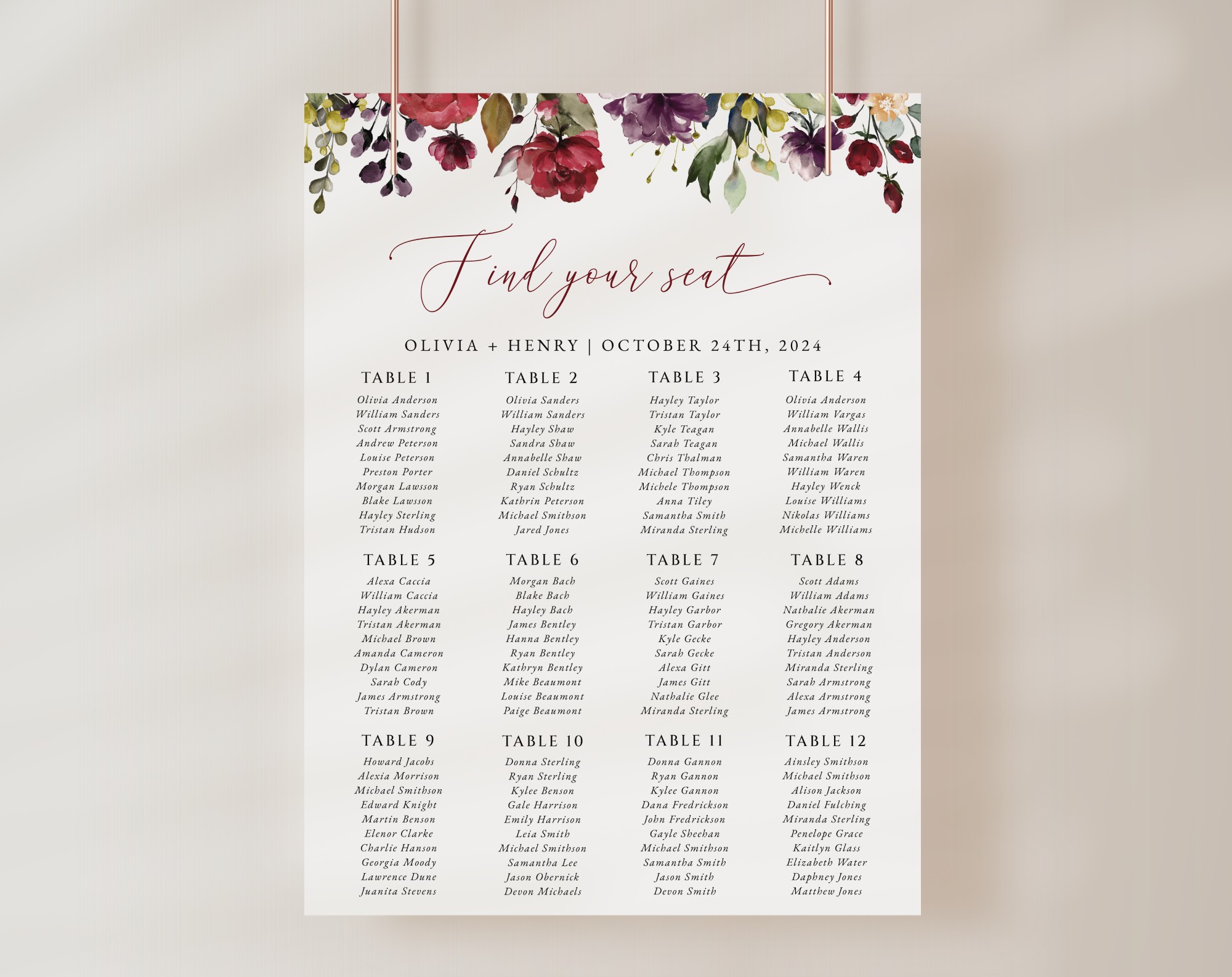 Burgundy, Purple and Blush Flowers Seating Chart, Wedding Sign, Printable File, Edit Yourself, SH132