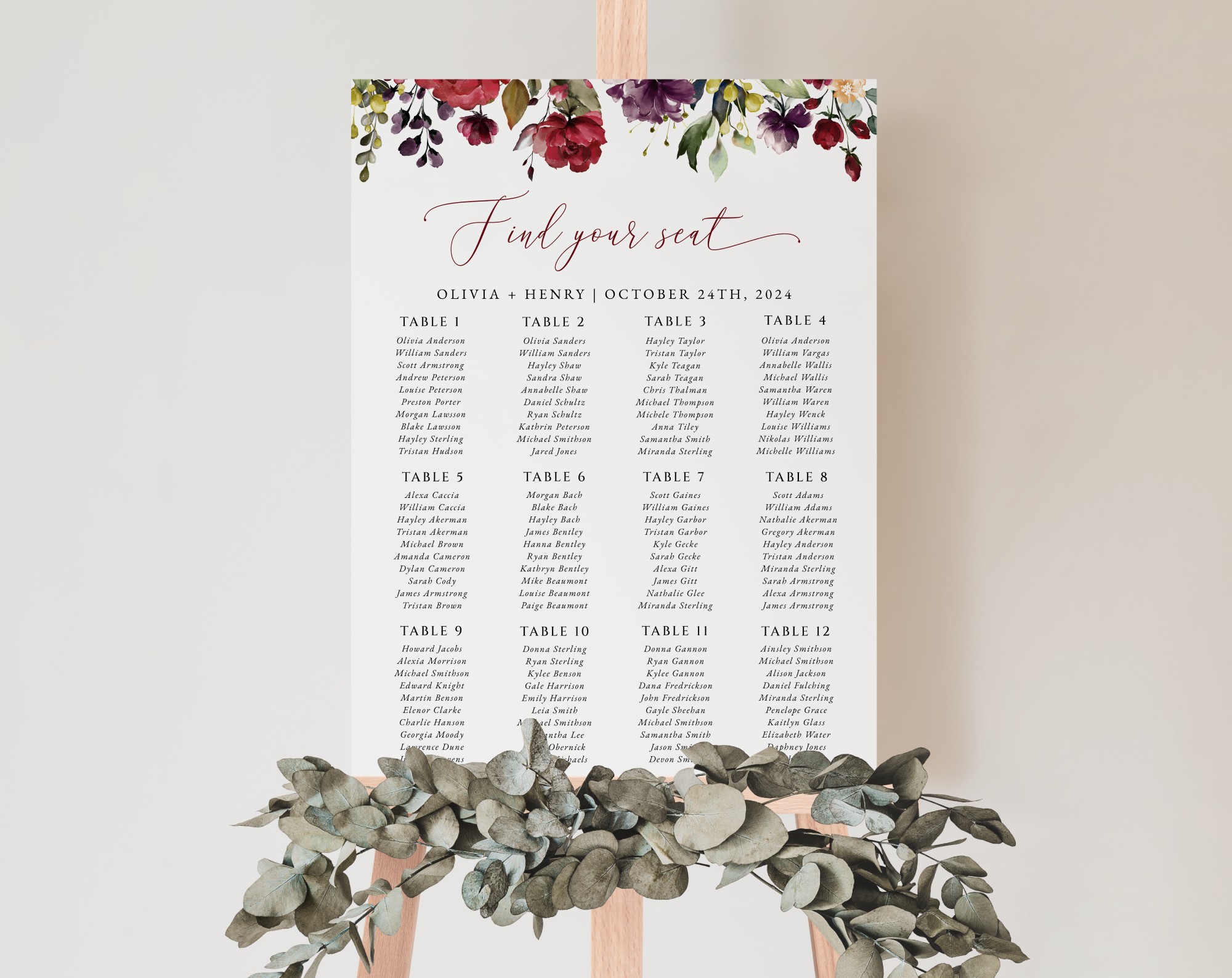 Burgundy, Purple and Blush Flowers Seating Chart, Wedding Sign, Printable File, Edit Yourself, SH132