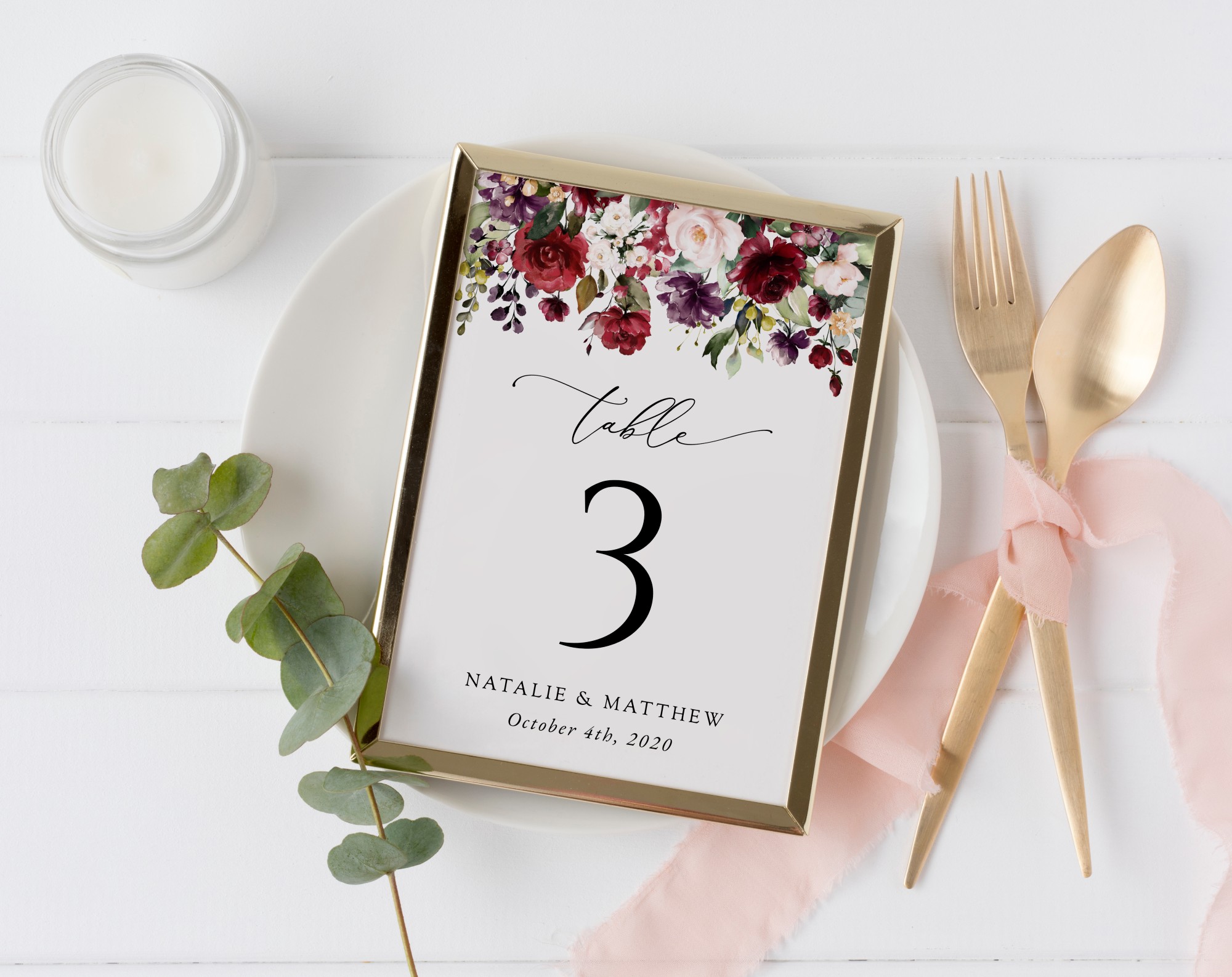 Burgundy, Purple and Blush Flowers Table Number Sign, Wedding Sign, Printable File, Edit Yourself, SH132