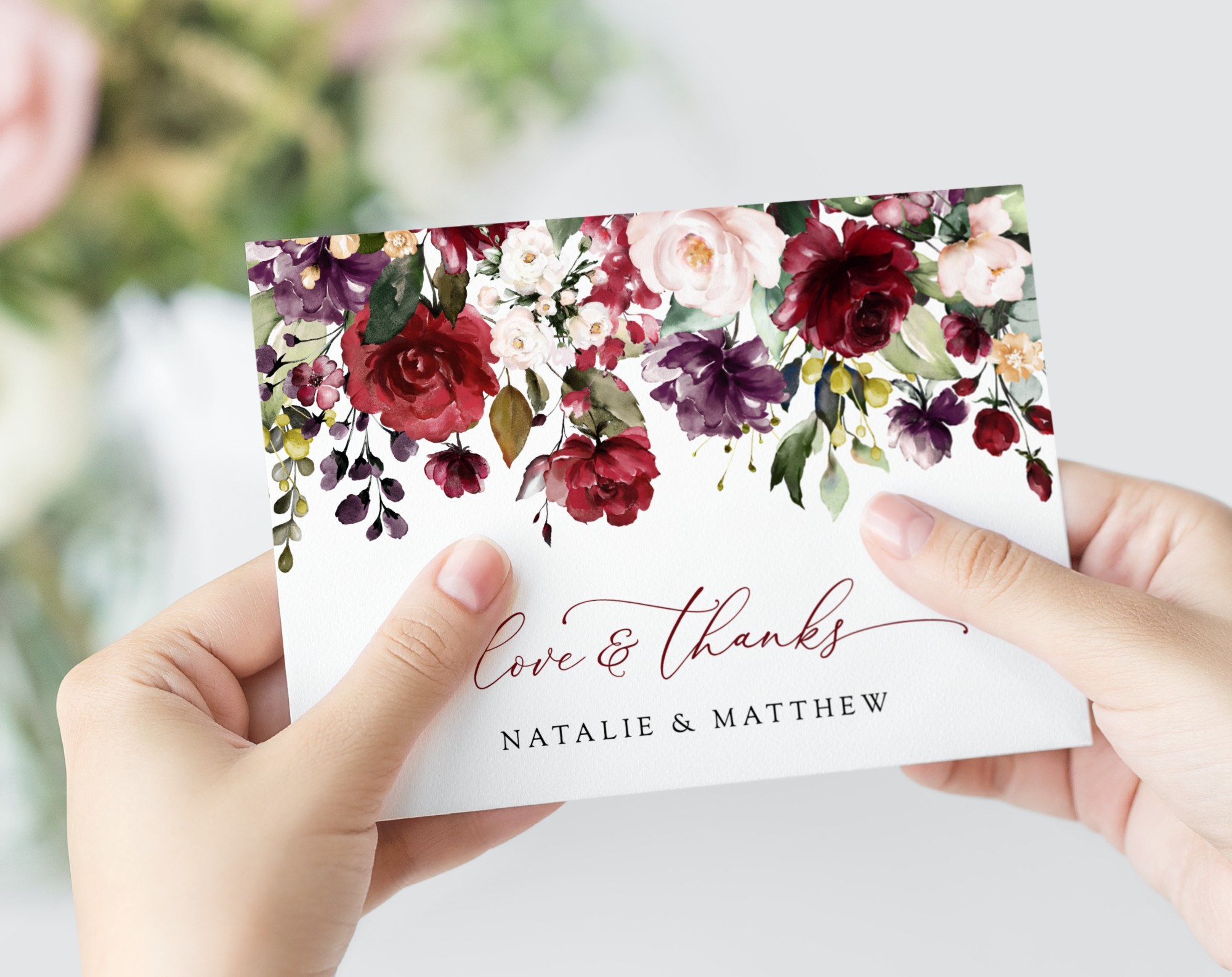 Burgundy, Purple and Blush Flowers Thank You Card, Wedding Stationery, Printable File, Edit Yourself, SH132