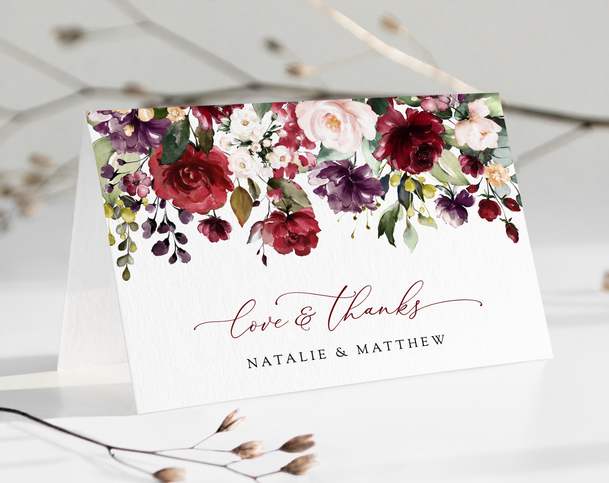 Burgundy, Purple and Blush Flowers Thank You Card, Wedding Stationery, Printable File, Edit Yourself, SH132