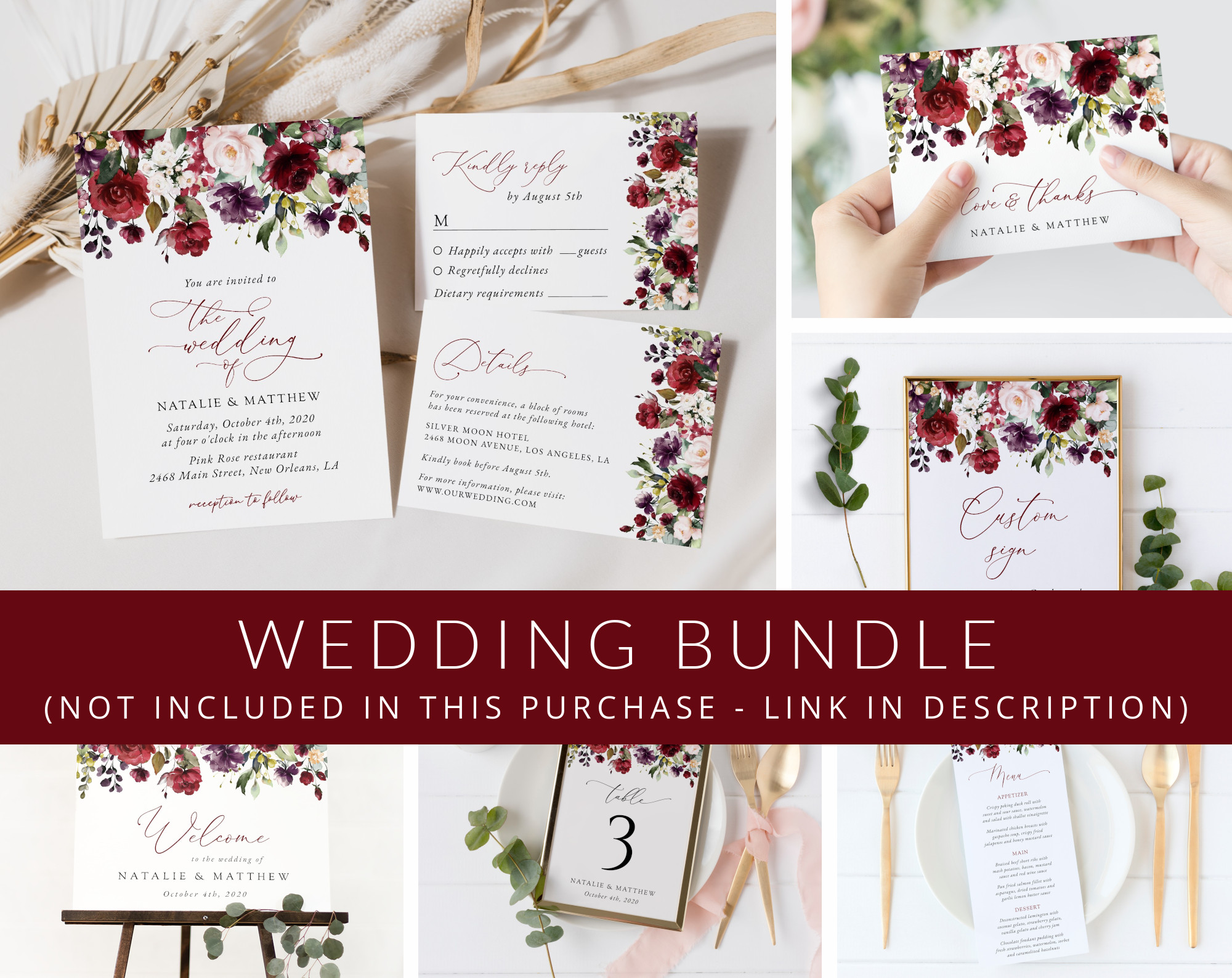 Burgundy, Purple and Blush Flowers Wedding Bundle, Printable File, Edit Yourself, SH132
