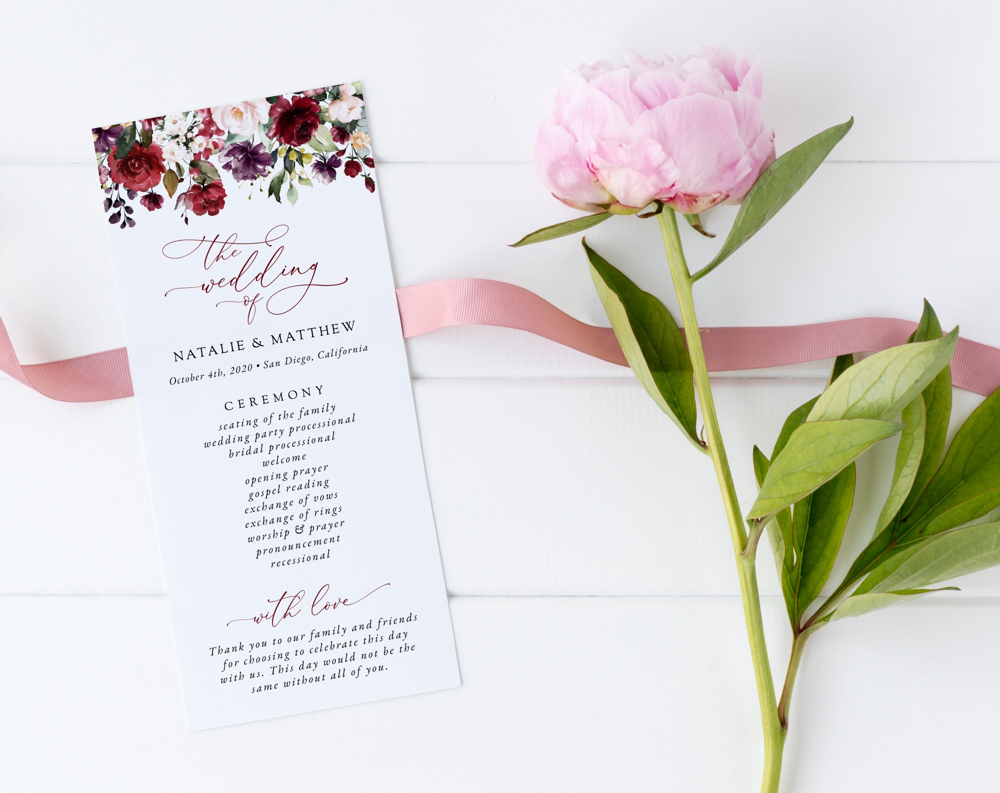 Burgundy, Purple and Blush Flowers Wedding Program, Wedding Stationery, Printable File, Edit Yourself, SH132