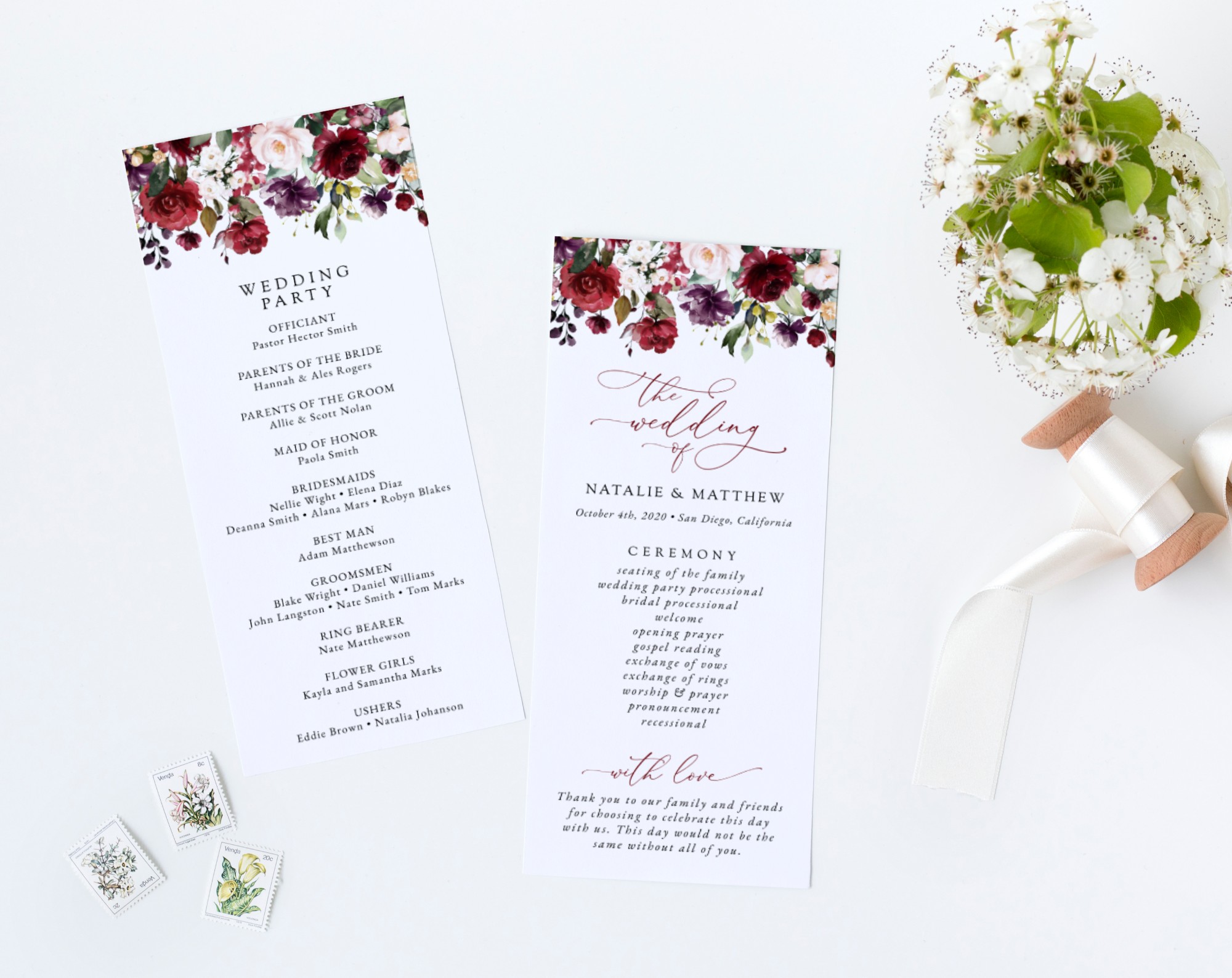 Burgundy, Purple and Blush Flowers Wedding Program, Wedding Stationery, Printable File, Edit Yourself, SH132