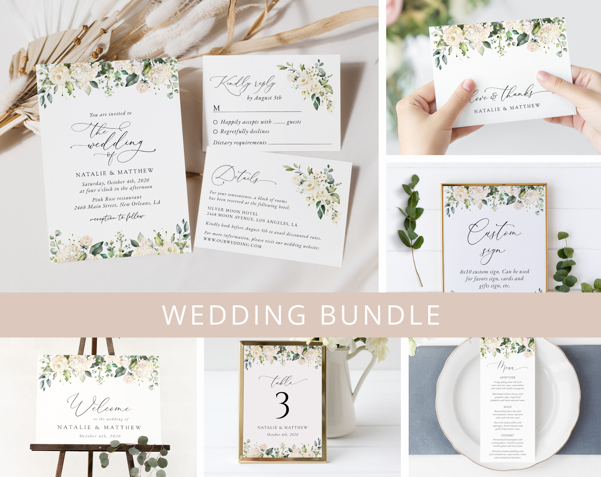 Cream White Flowers Wedding Bundle, Printable File, Edit Yourself, SH133