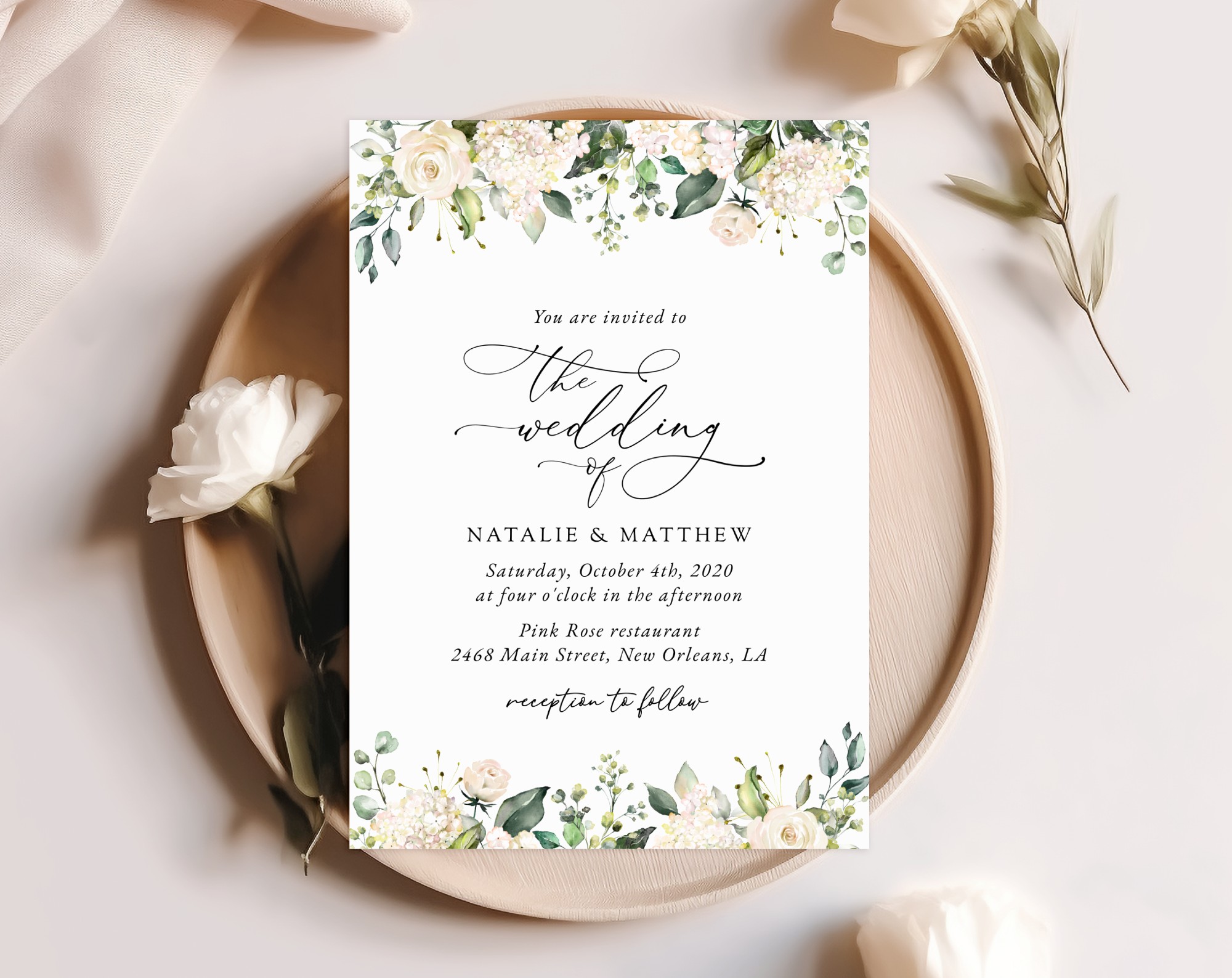 Cream White Flowers Wedding Invitation, Wedding Stationery, Printable File, Edit Yourself, SH133