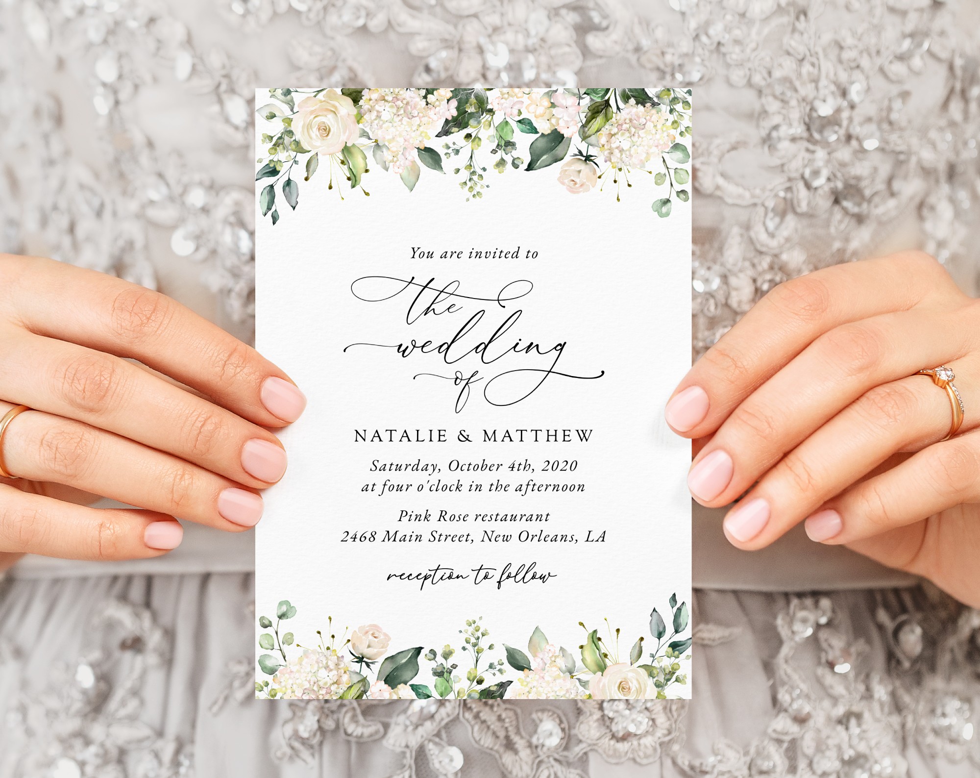 Cream White Flowers Wedding Invitation, Wedding Stationery, Printable File, Edit Yourself, SH133