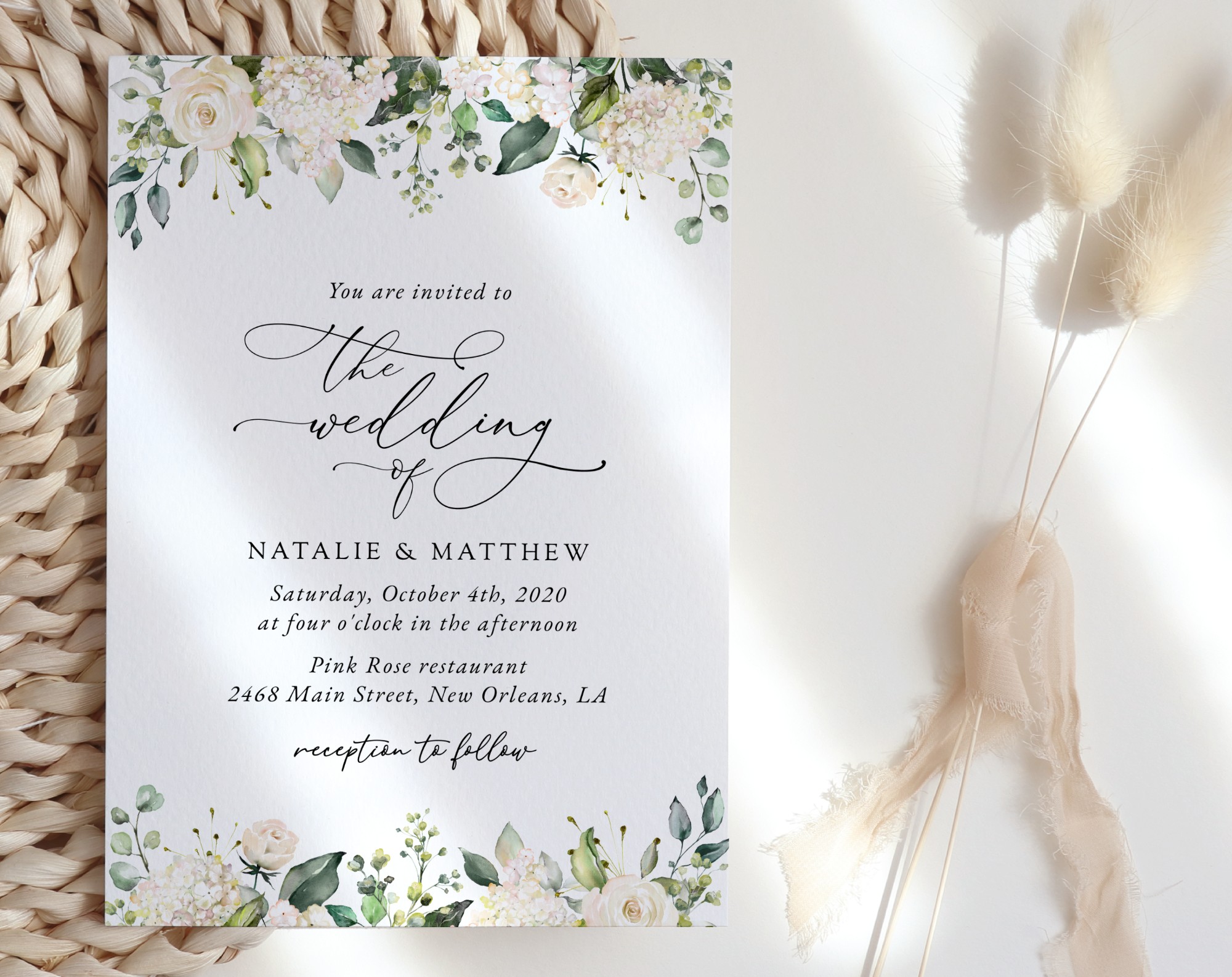 Cream White Flowers Wedding Invitation, Wedding Stationery, Printable File, Edit Yourself, SH133