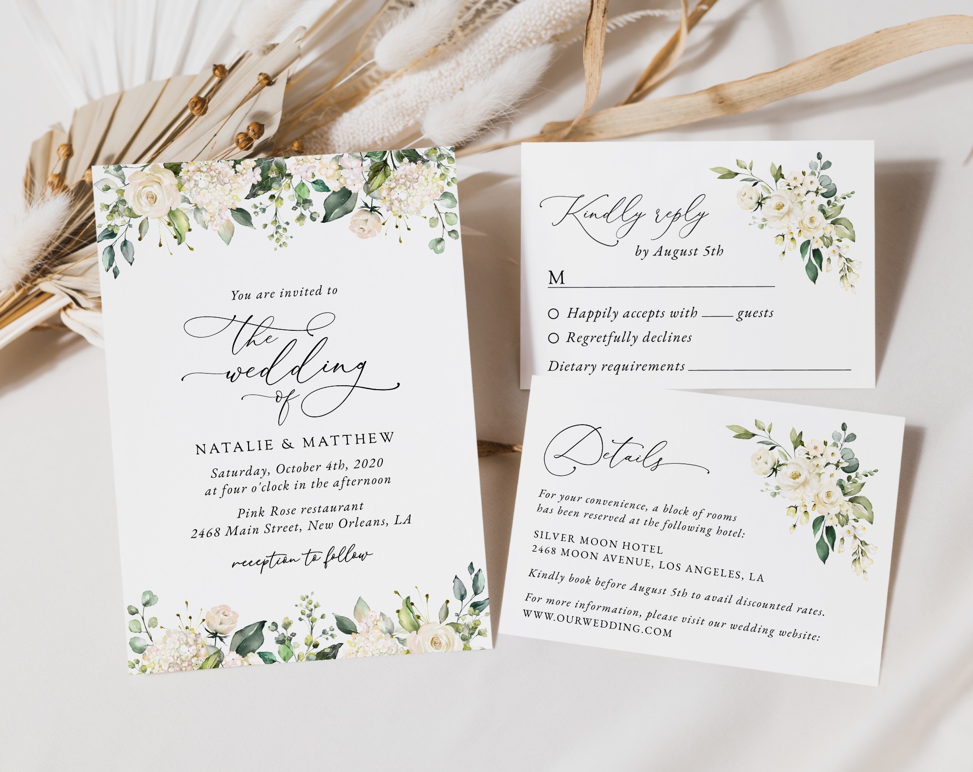 Cream White Flowers Wedding Invitation Suite, Wedding Stationery, Printable File, Edit Yourself, SH133