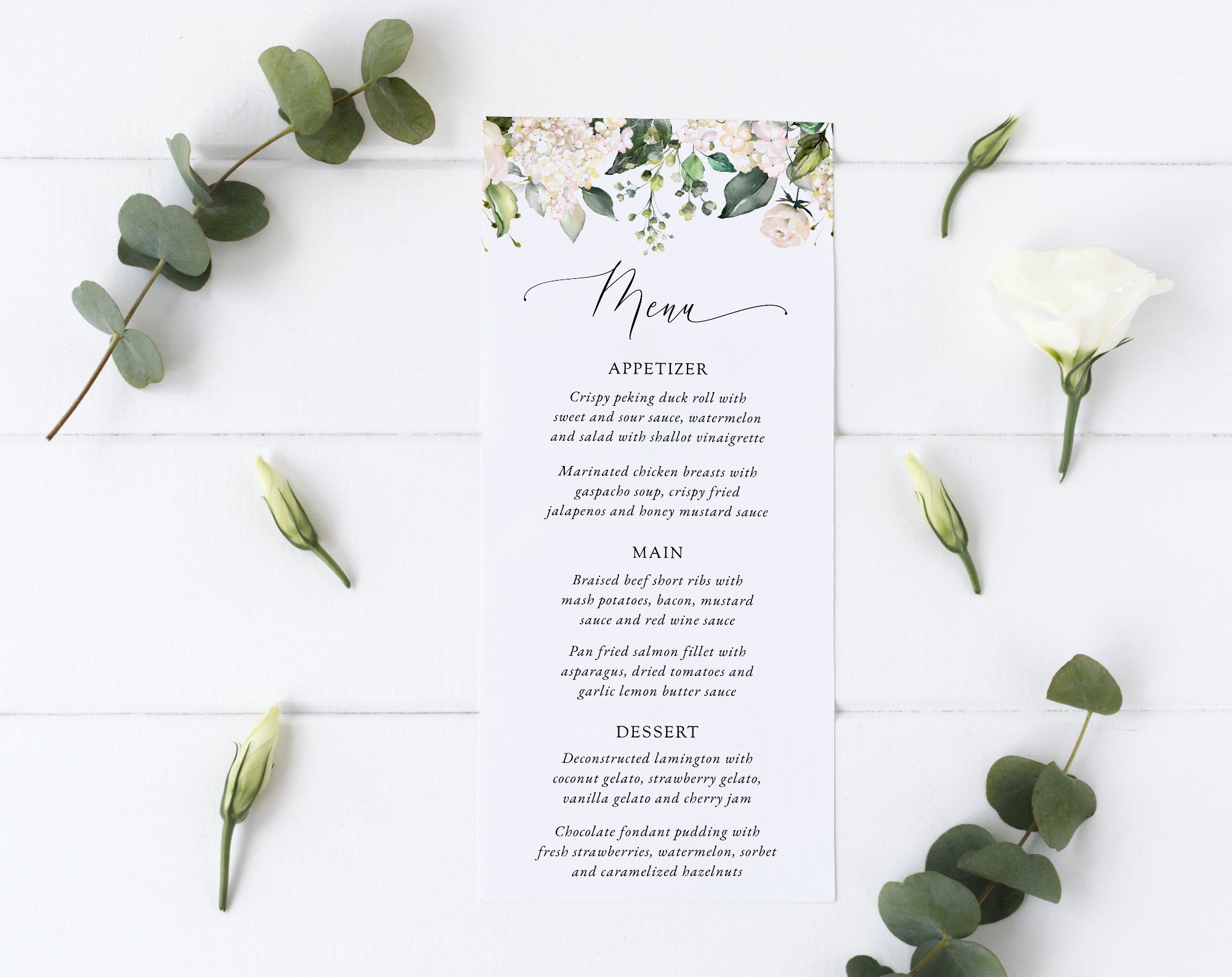 Cream White Flowers Menu, Printable File, Edit Yourself, SH133 SH170