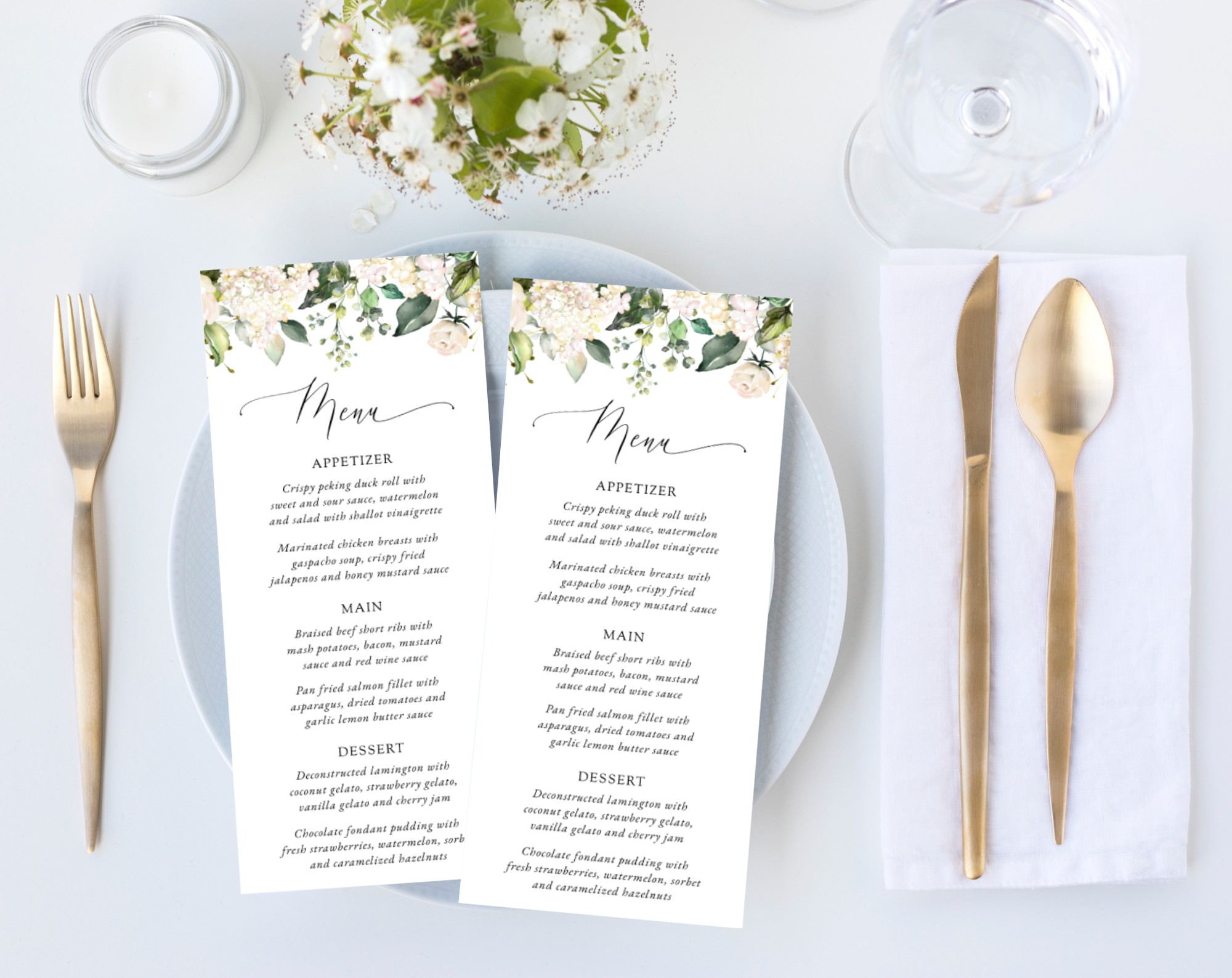 Cream White Flowers Menu, Printable File, Edit Yourself, SH133 SH170