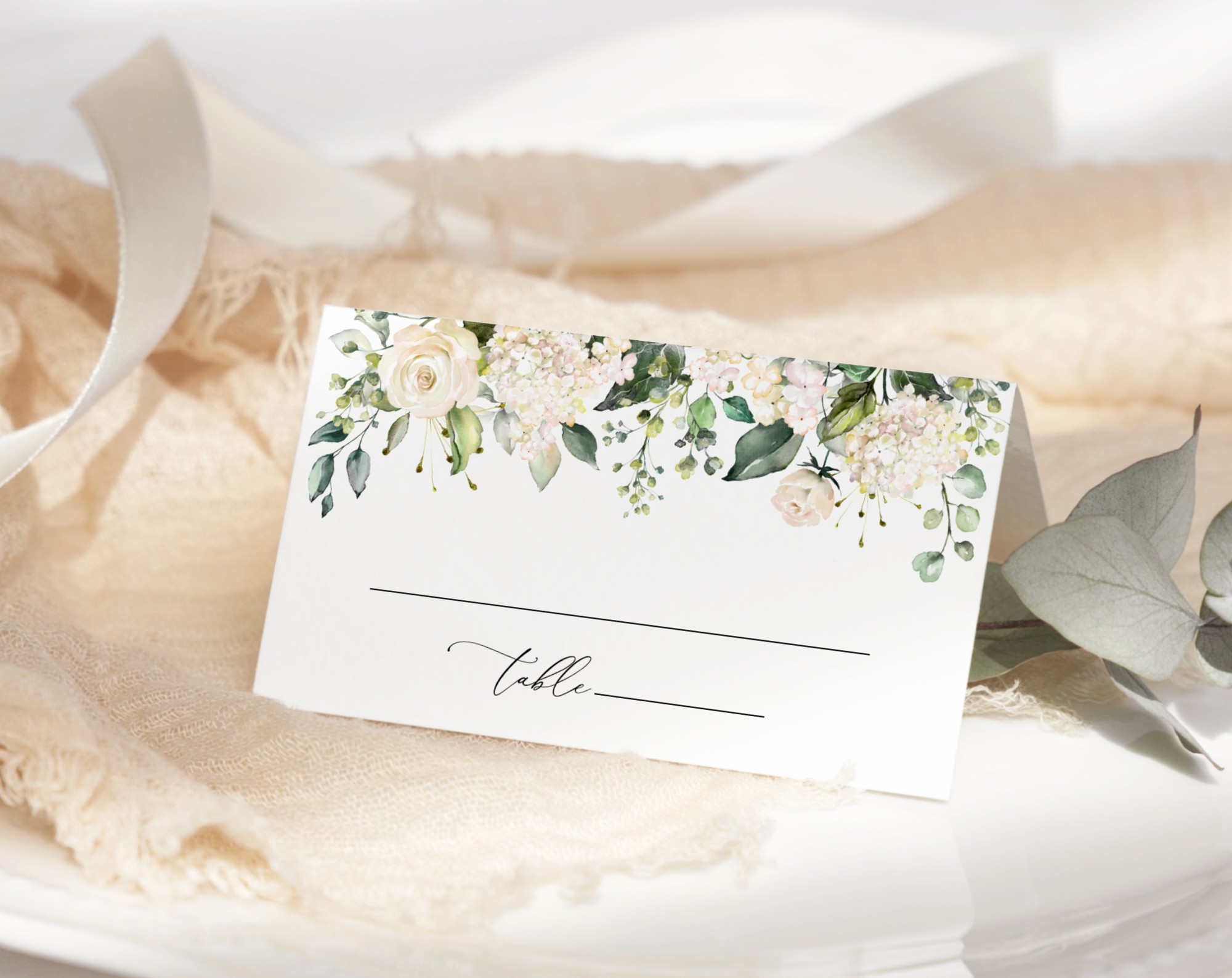 Cream White Flowers Place Card, Wedding Stationery, Printable File, Edit Yourself, SH133