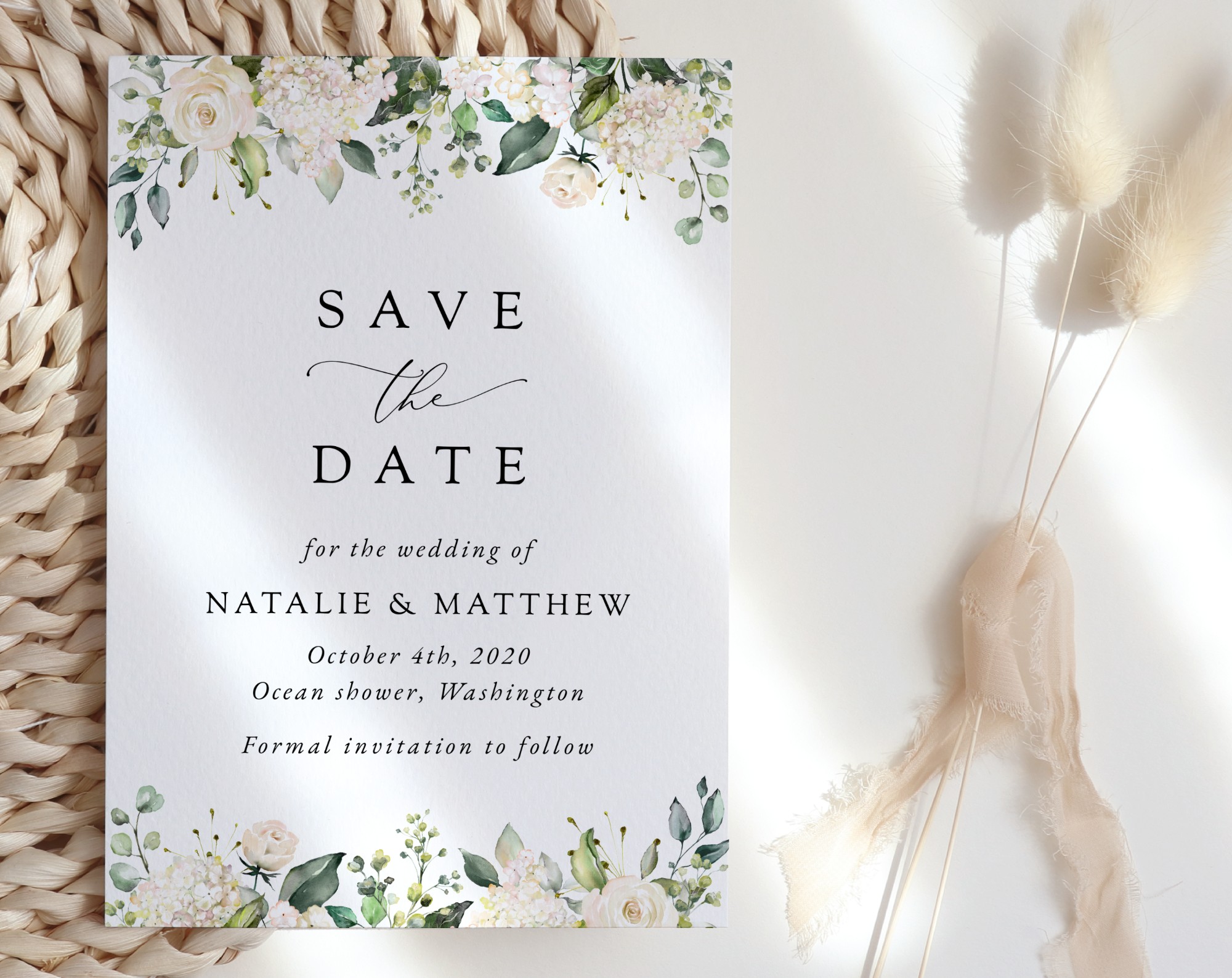 Cream White Flowers Save the Date, Wedding Stationery, Printable File, Edit Yourself, SH133