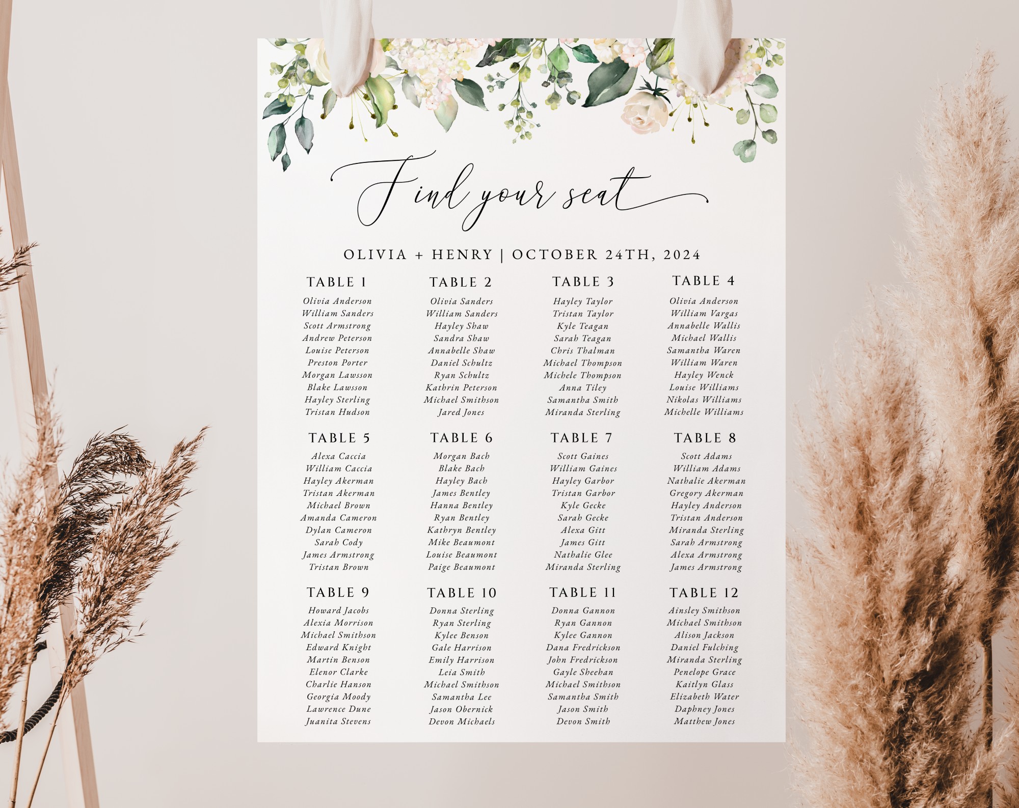 Cream White Flowers Seating Chart, Wedding Sign, Printable File, Edit Yourself, SH133