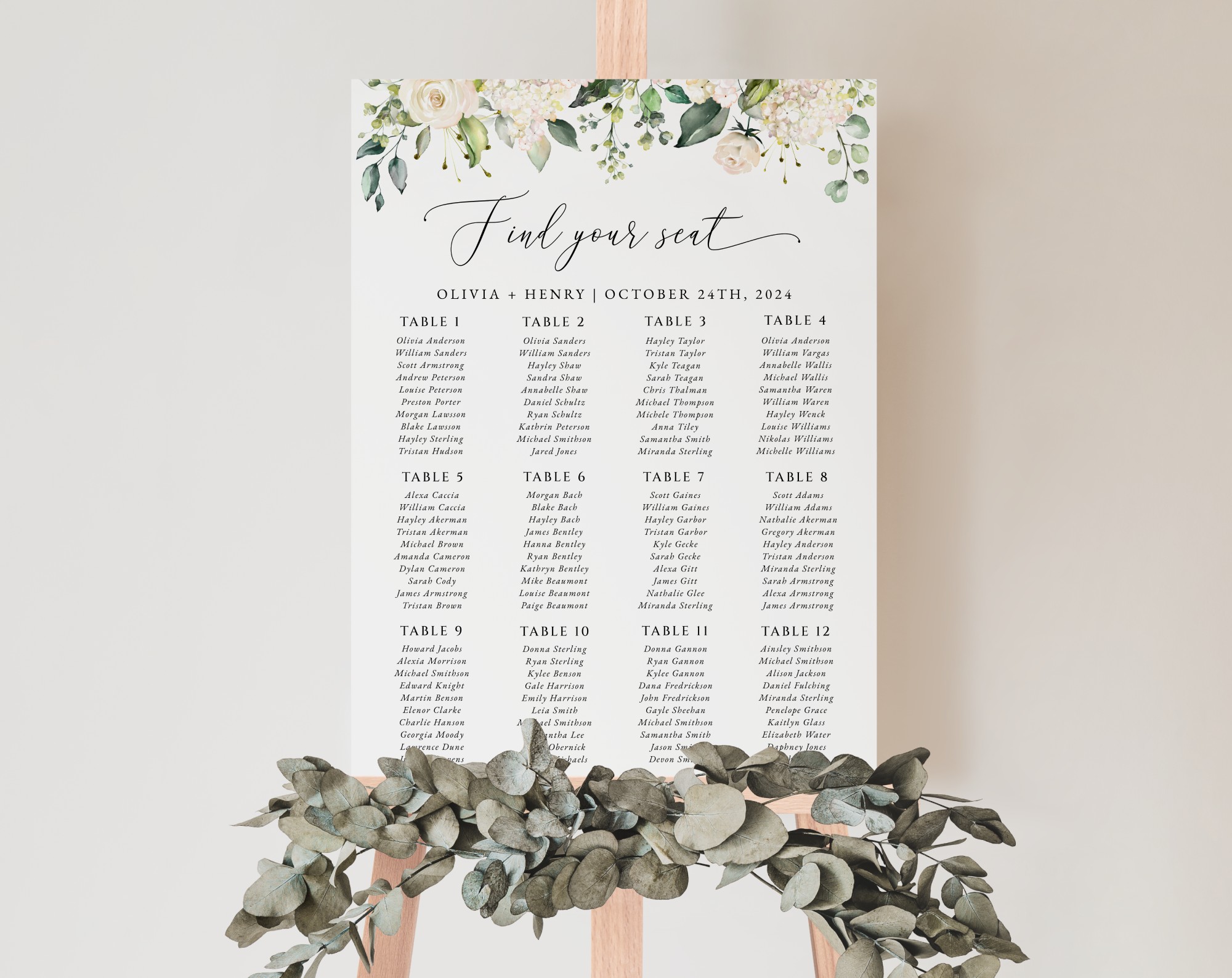 Cream White Flowers Seating Chart, Wedding Sign, Printable File, Edit Yourself, SH133